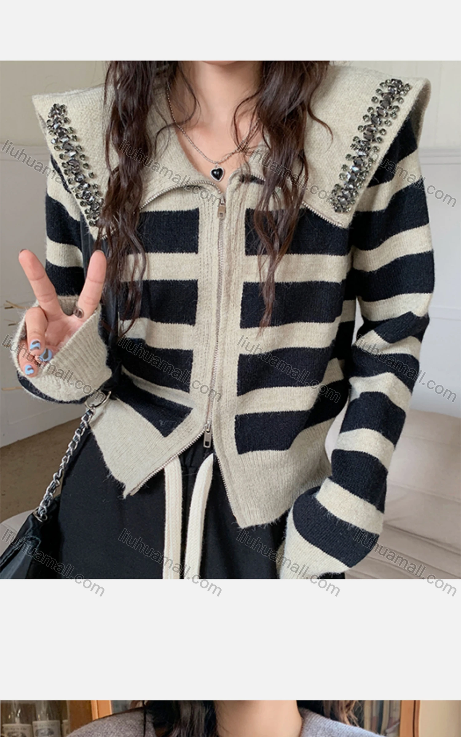 Wholesale Women's Casual Peter Pan Collar Zipper Striped Knitted Jackets 8144# - Liuhuamall