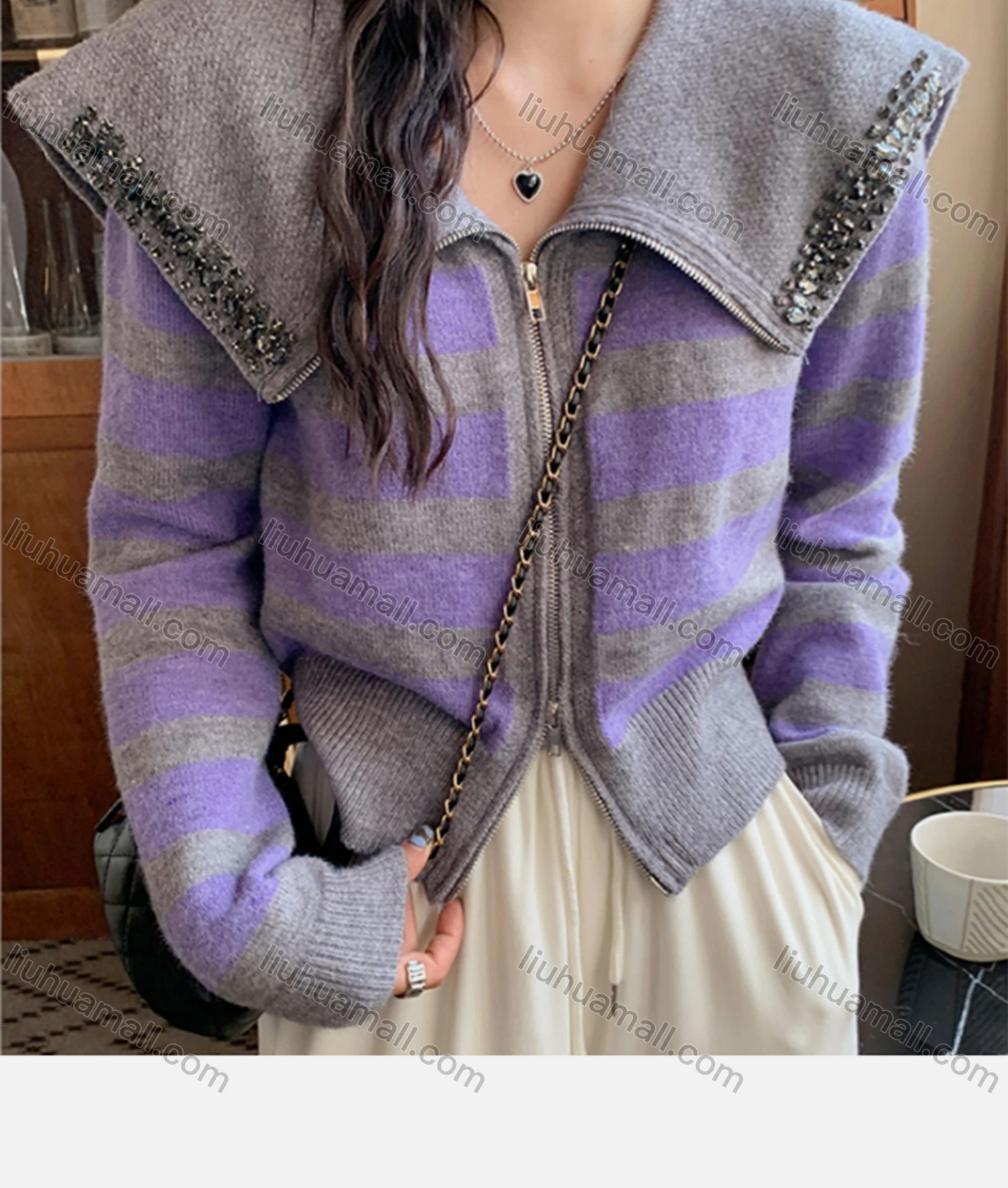 Wholesale Women's Casual Peter Pan Collar Zipper Striped Knitted Jackets 8144# - Liuhuamall