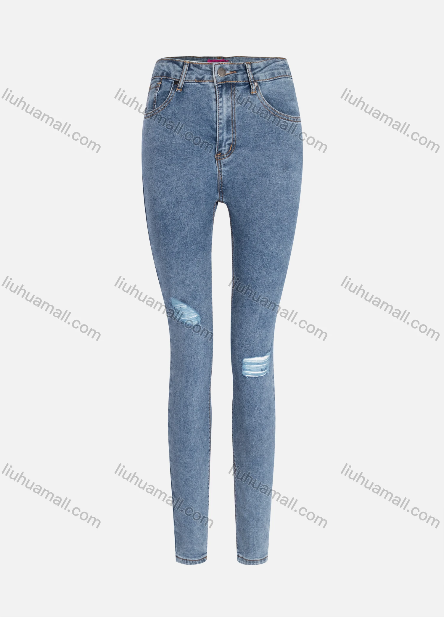 Wholesale Women's Casual Plain High Waist Ripped Straight Leg Ankle Length Skinny Fit Jeans MZ-8BU# - Liuhuamall