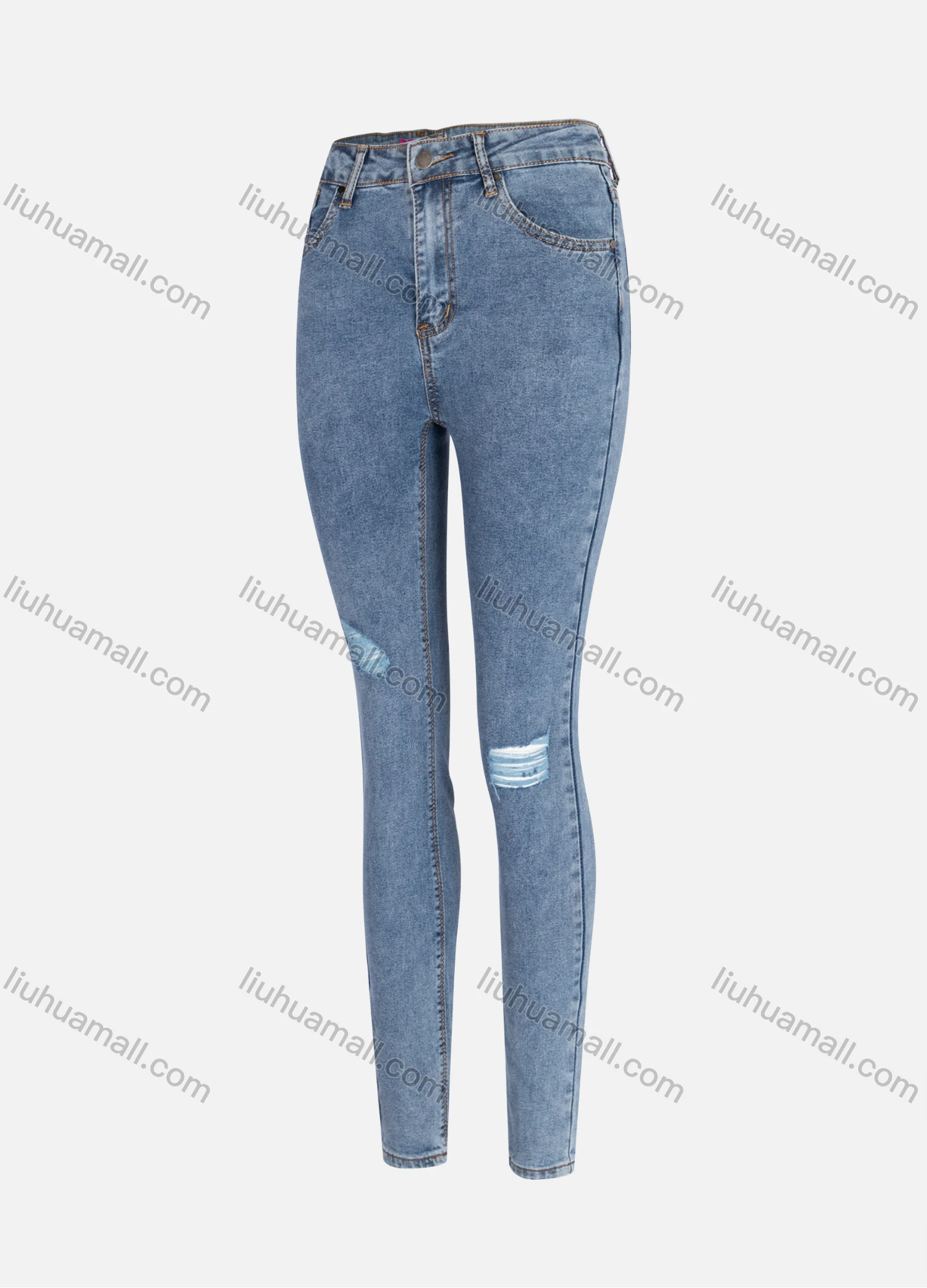 Wholesale Women's Casual Plain High Waist Ripped Straight Leg Ankle Length Skinny Fit Jeans MZ-8BU# - Liuhuamall