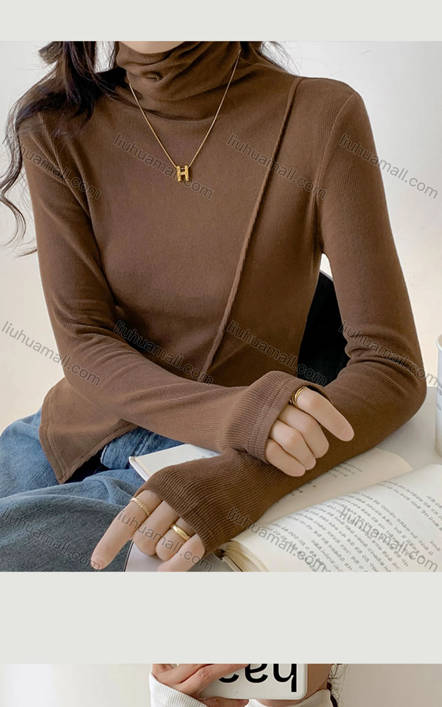 Wholesale Women's Casual Plain High Neck Long Sleeve Split Front Knit Blouse 8145# - Liuhuamall