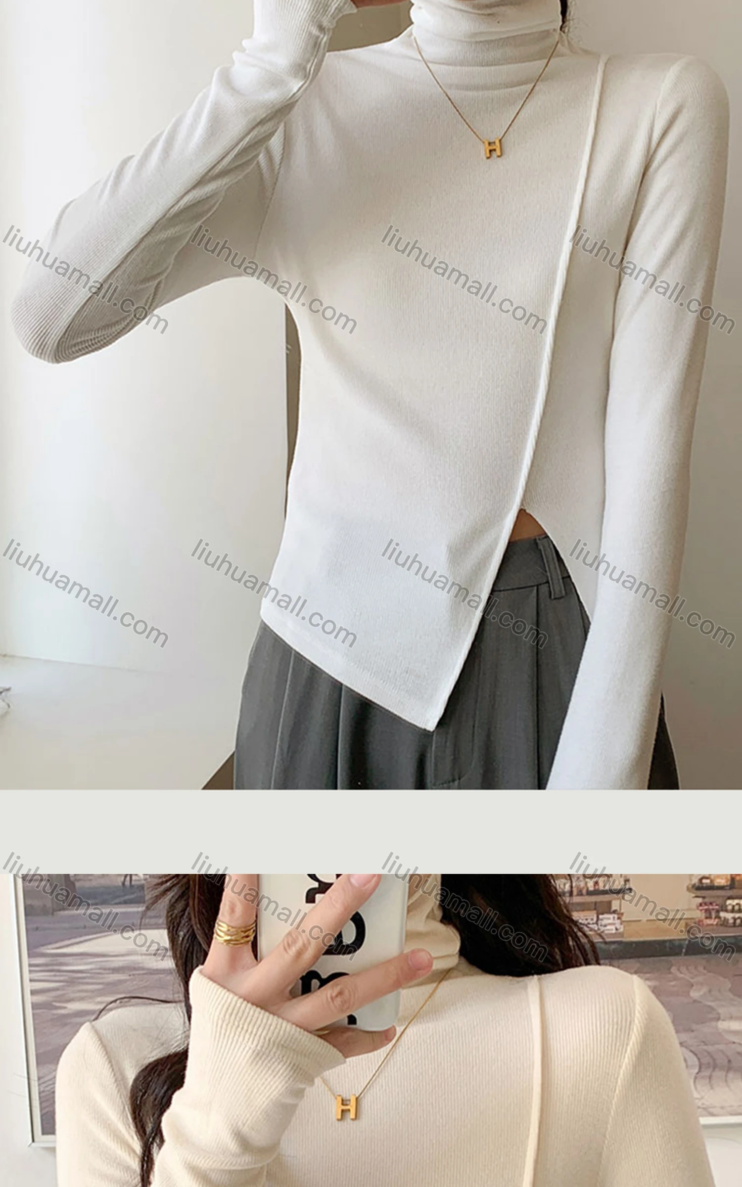 Wholesale Women's Casual Plain High Neck Long Sleeve Split Front Knit Blouse 8145# - Liuhuamall