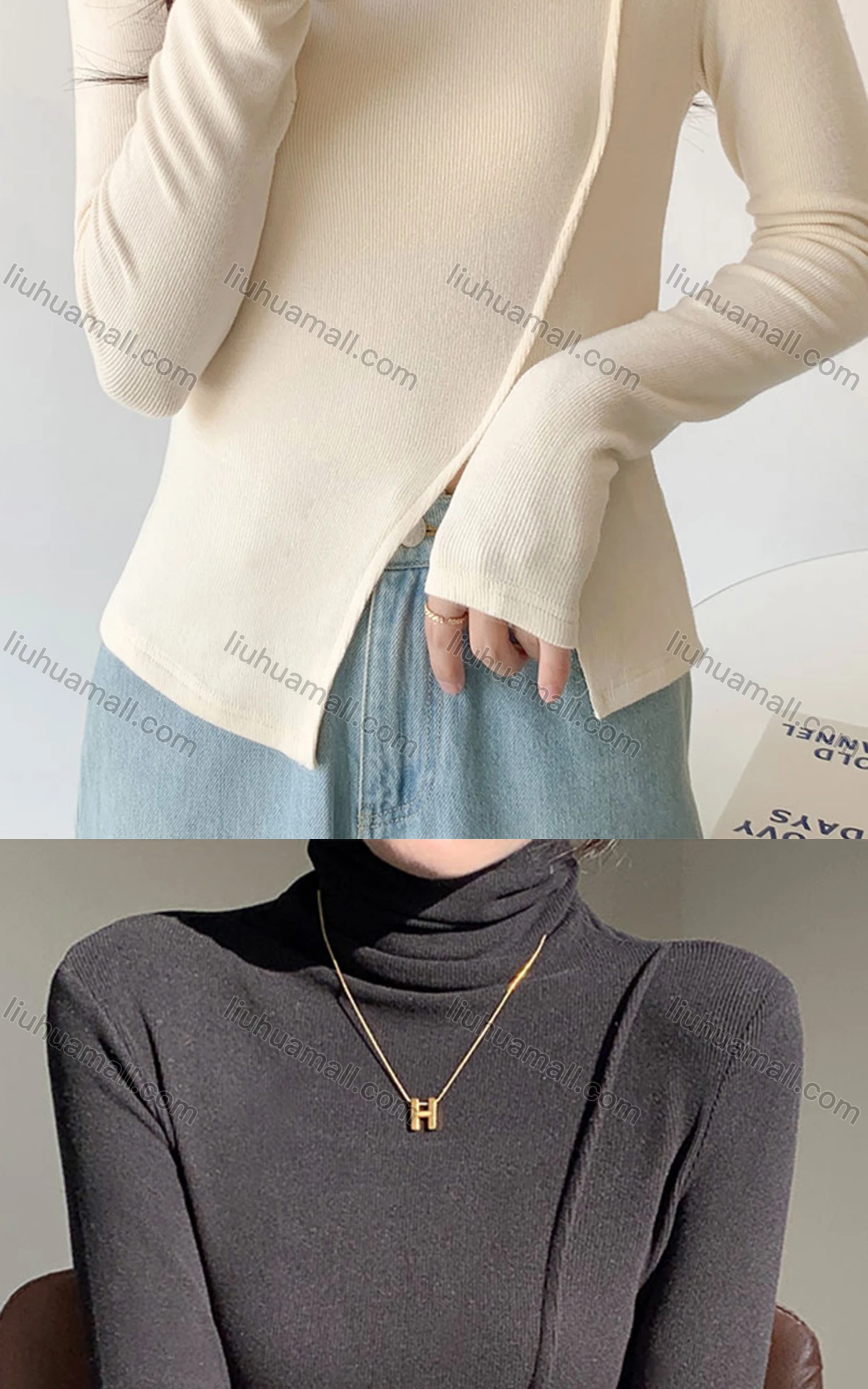 Wholesale Women's Casual Plain High Neck Long Sleeve Split Front Knit Blouse 8145# - Liuhuamall