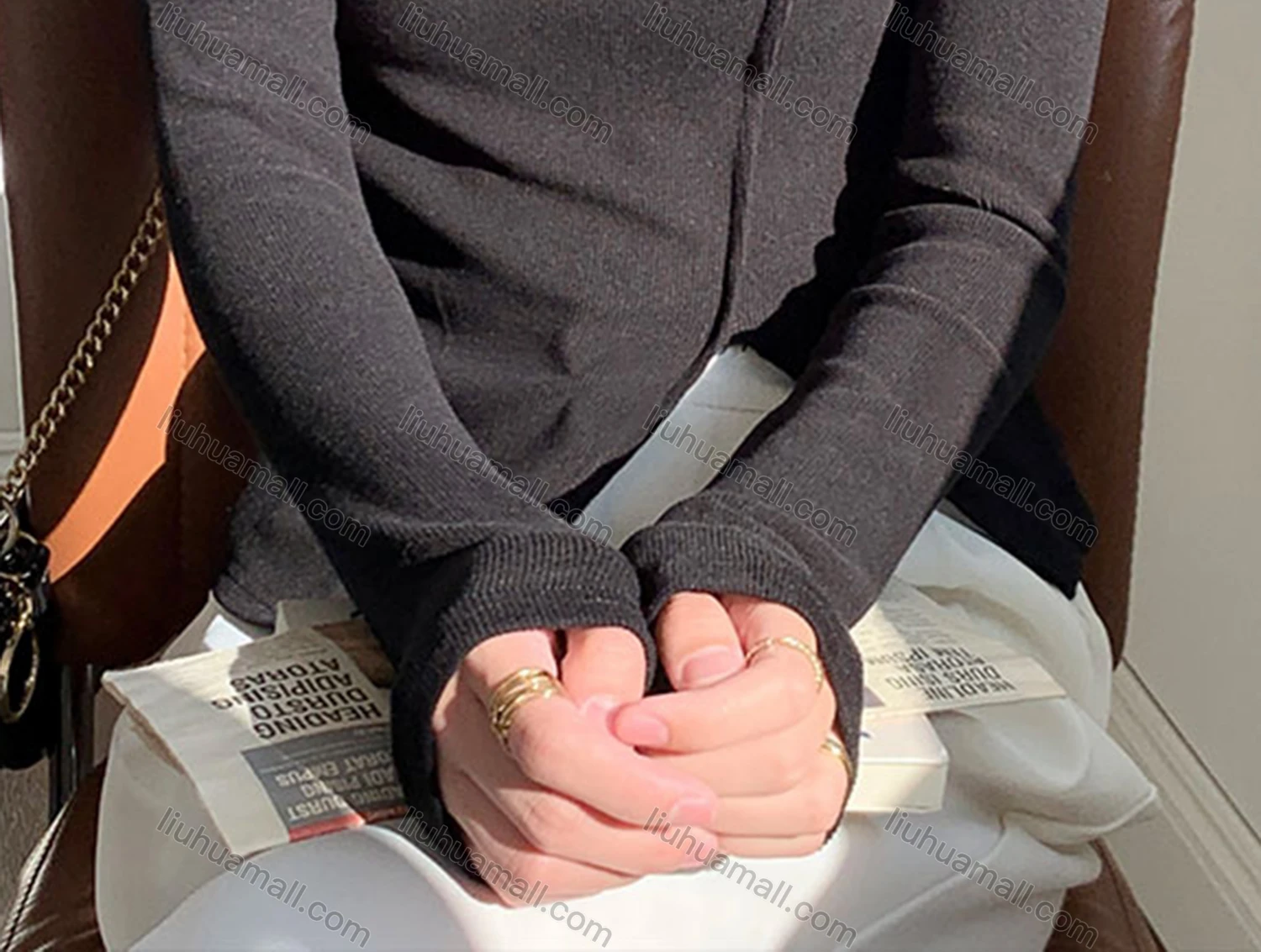 Wholesale Women's Casual Plain High Neck Long Sleeve Split Front Knit Blouse 8145# - Liuhuamall