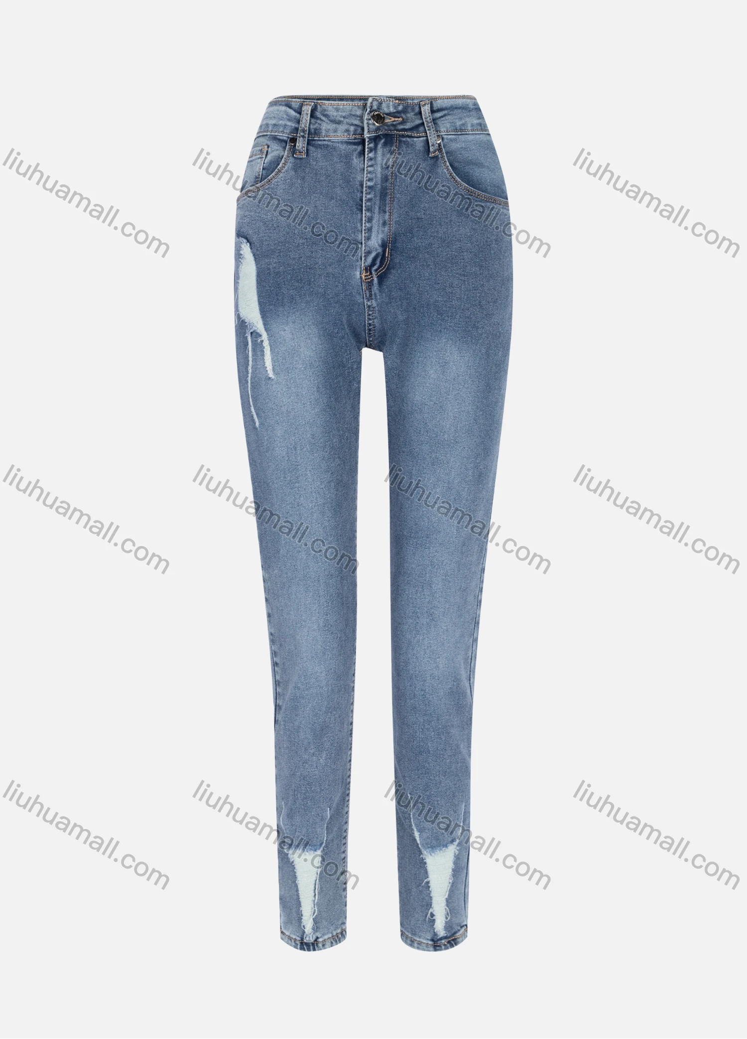 Wholesale Women's Casual Plain Ripped High Waist Straight Leg Ankle Length Slim Fit Jeans W2-2BU# - Liuhuamall