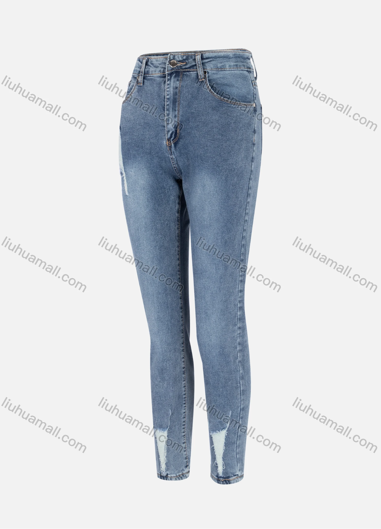 Wholesale Women's Casual Plain Ripped High Waist Straight Leg Ankle Length Slim Fit Jeans W2-2BU# - Liuhuamall