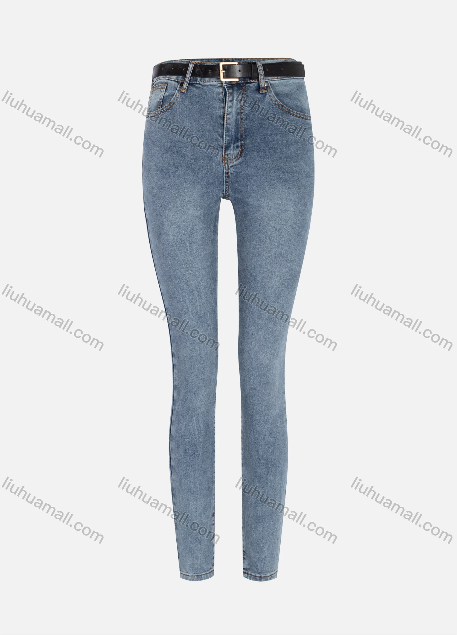 Wholesale Women's Casual Plain High Waist Straight Leg Ankle Length Skinny Fit Jeans With Belt WZ-7BU# - Liuhuamall