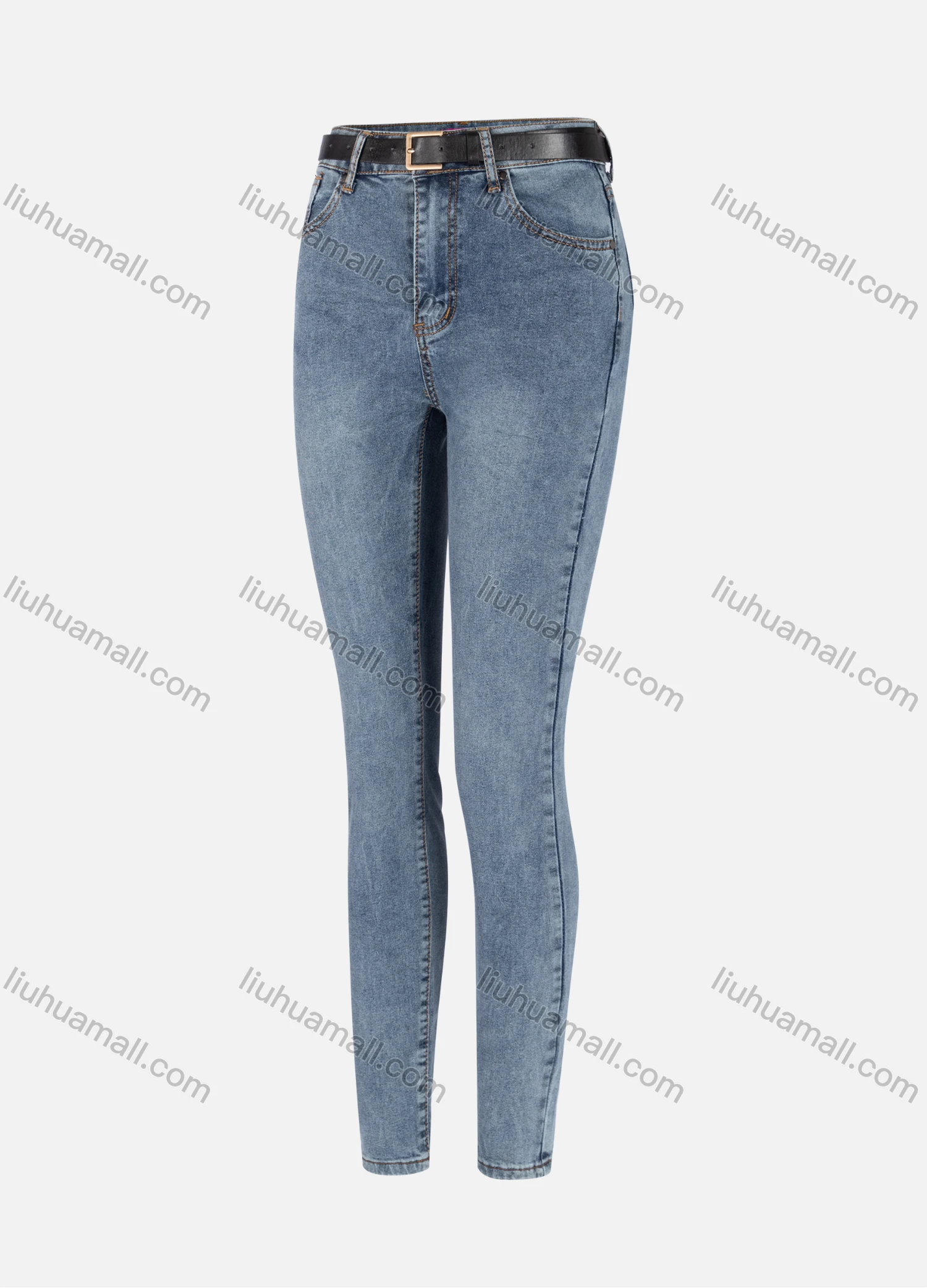 Wholesale Women's Casual Plain High Waist Straight Leg Ankle Length Skinny Fit Jeans With Belt WZ-7BU# - Liuhuamall
