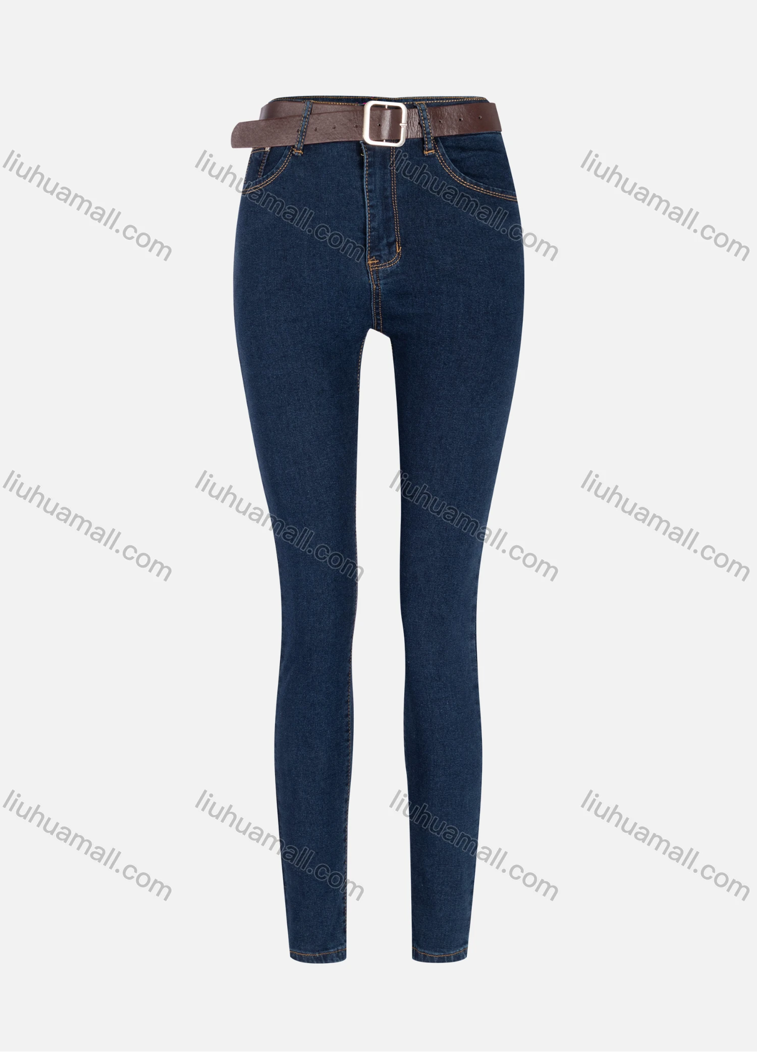 Wholesale Women's Casual Plain High Waist Straight Leg Ankle Length Skinny Fit Jeans With Belt WJ-44DB# - Liuhuamall
