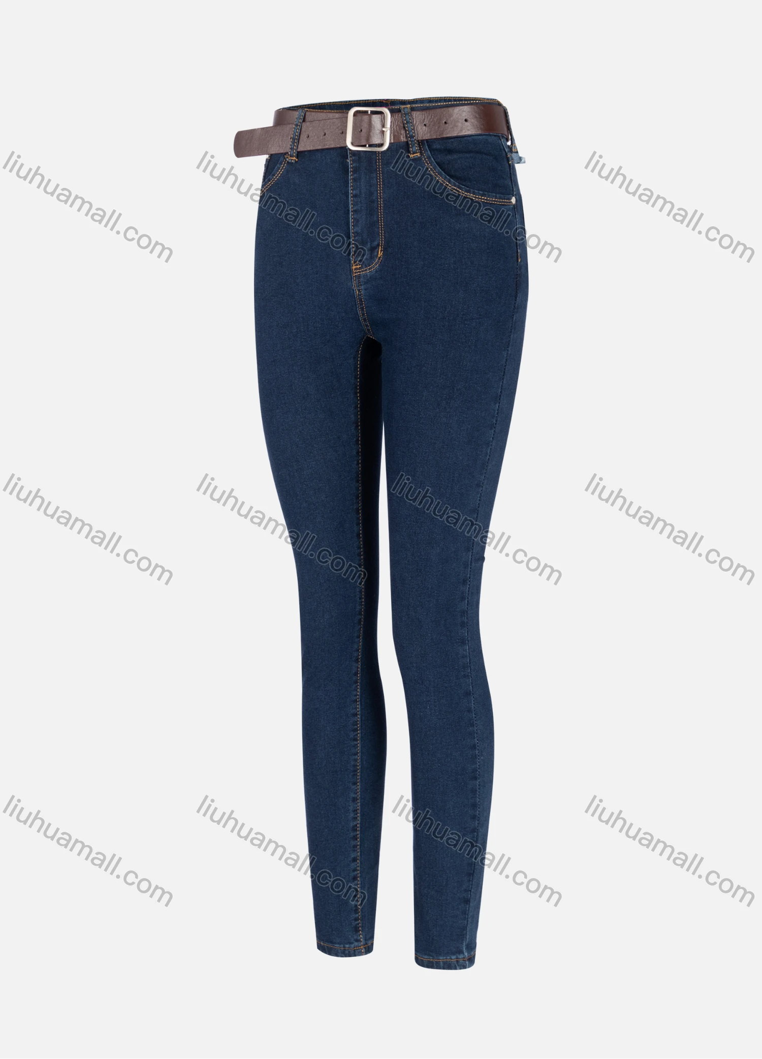 Wholesale Women's Casual Plain High Waist Straight Leg Ankle Length Skinny Fit Jeans With Belt WJ-44DB# - Liuhuamall