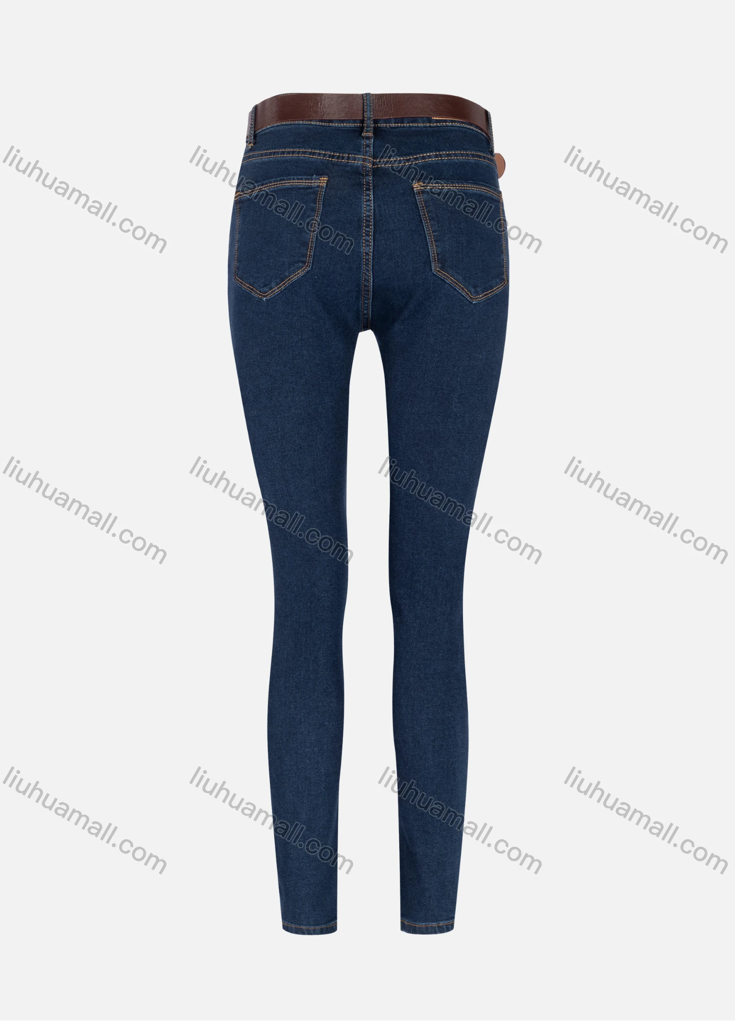 Wholesale Women's Casual Plain High Waist Straight Leg Ankle Length Skinny Fit Jeans With Belt WJ-44DB# - Liuhuamall