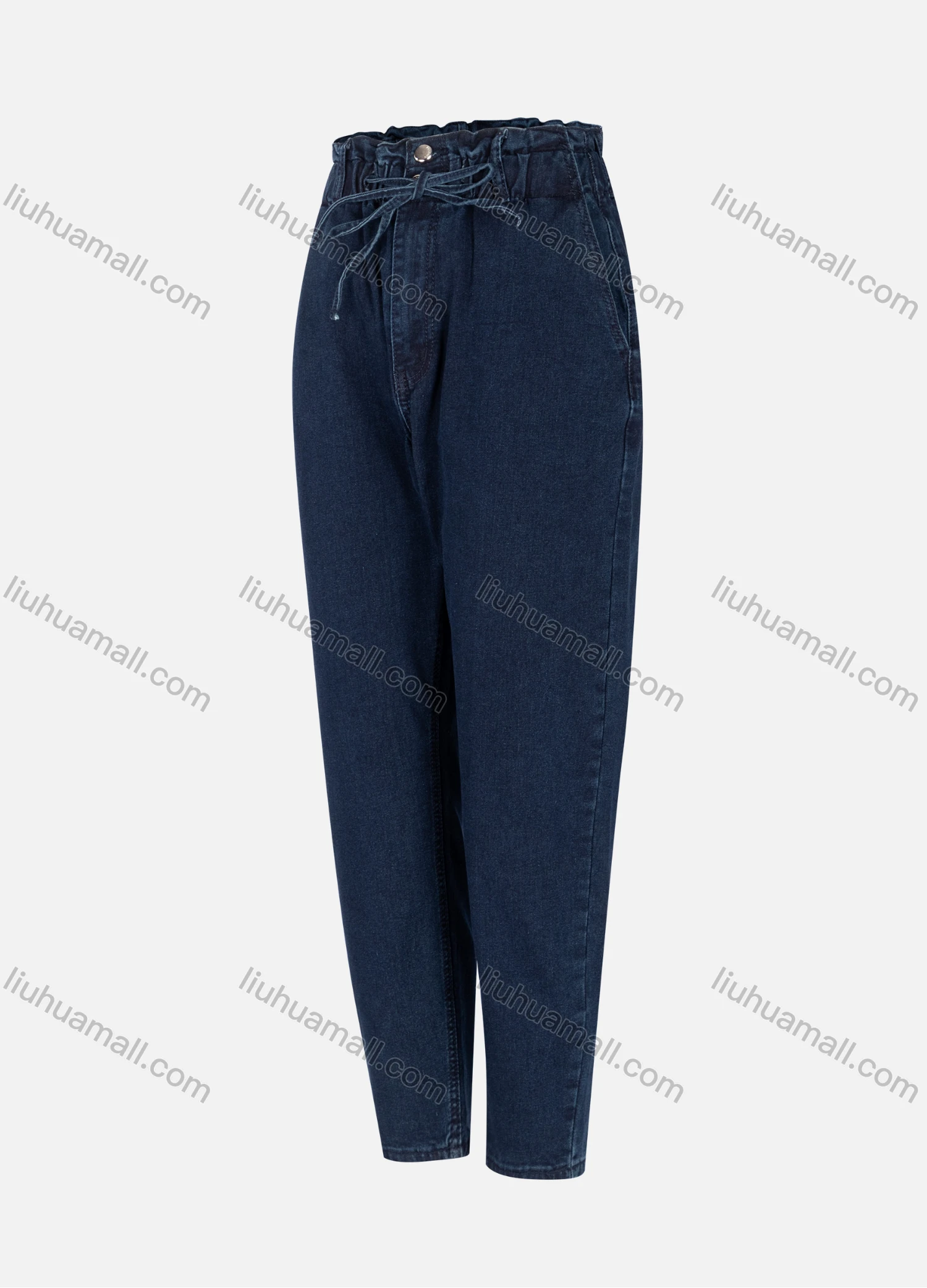 Wholesale Women's Casual Plain High Waist Drawstring Straight Leg Ankle Length Jeans MJ-295DB# - Liuhuamall