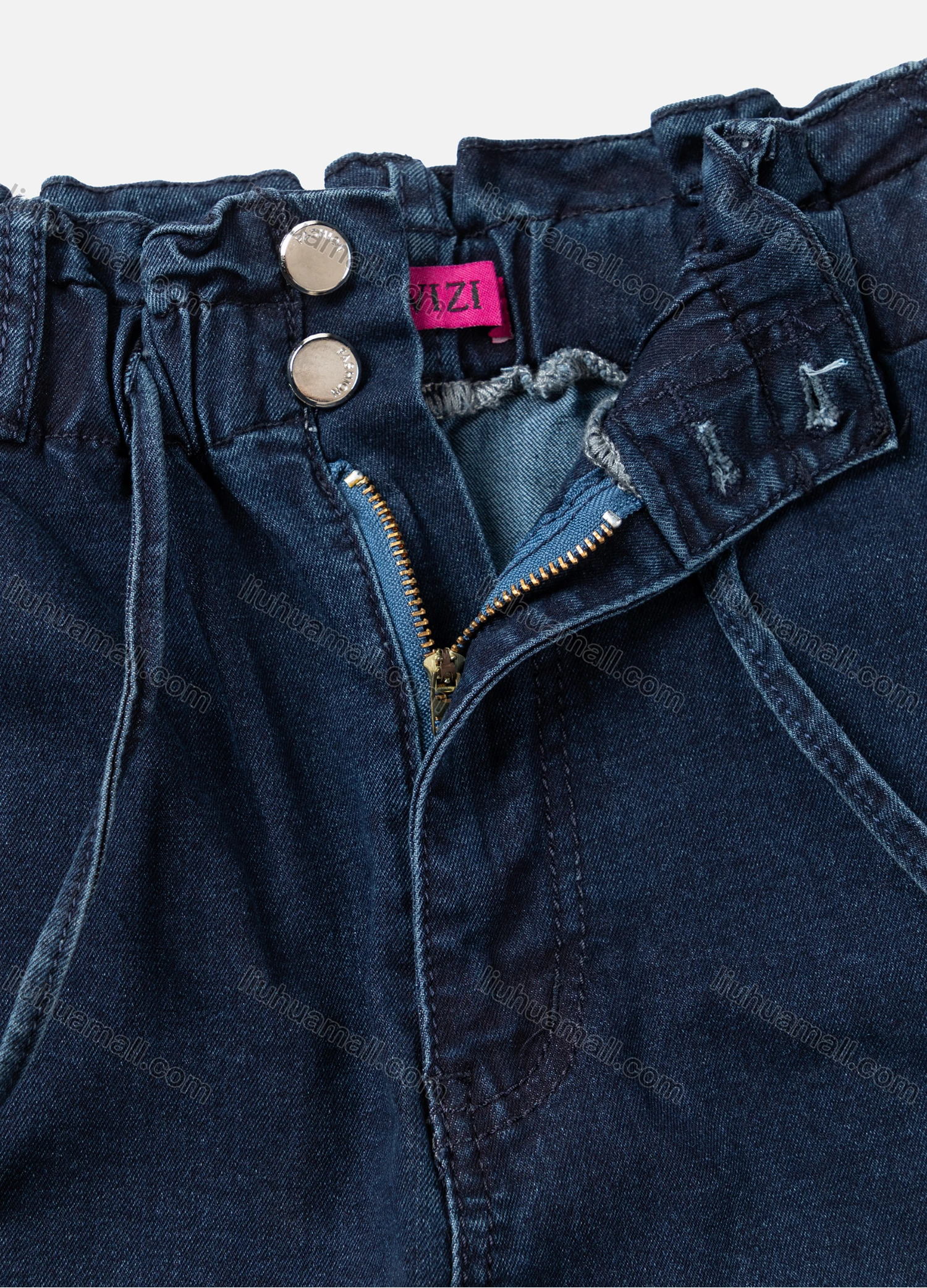 Wholesale Women's Casual Plain High Waist Drawstring Straight Leg Ankle Length Jeans MJ-295DB# - Liuhuamall