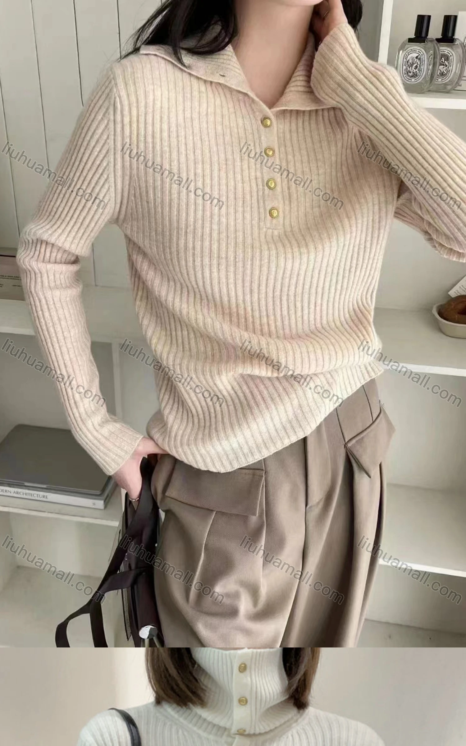 Wholesale Women's Casual High Neck Long Sleeve Button Front Knit Blouse 8150# - Liuhuamall