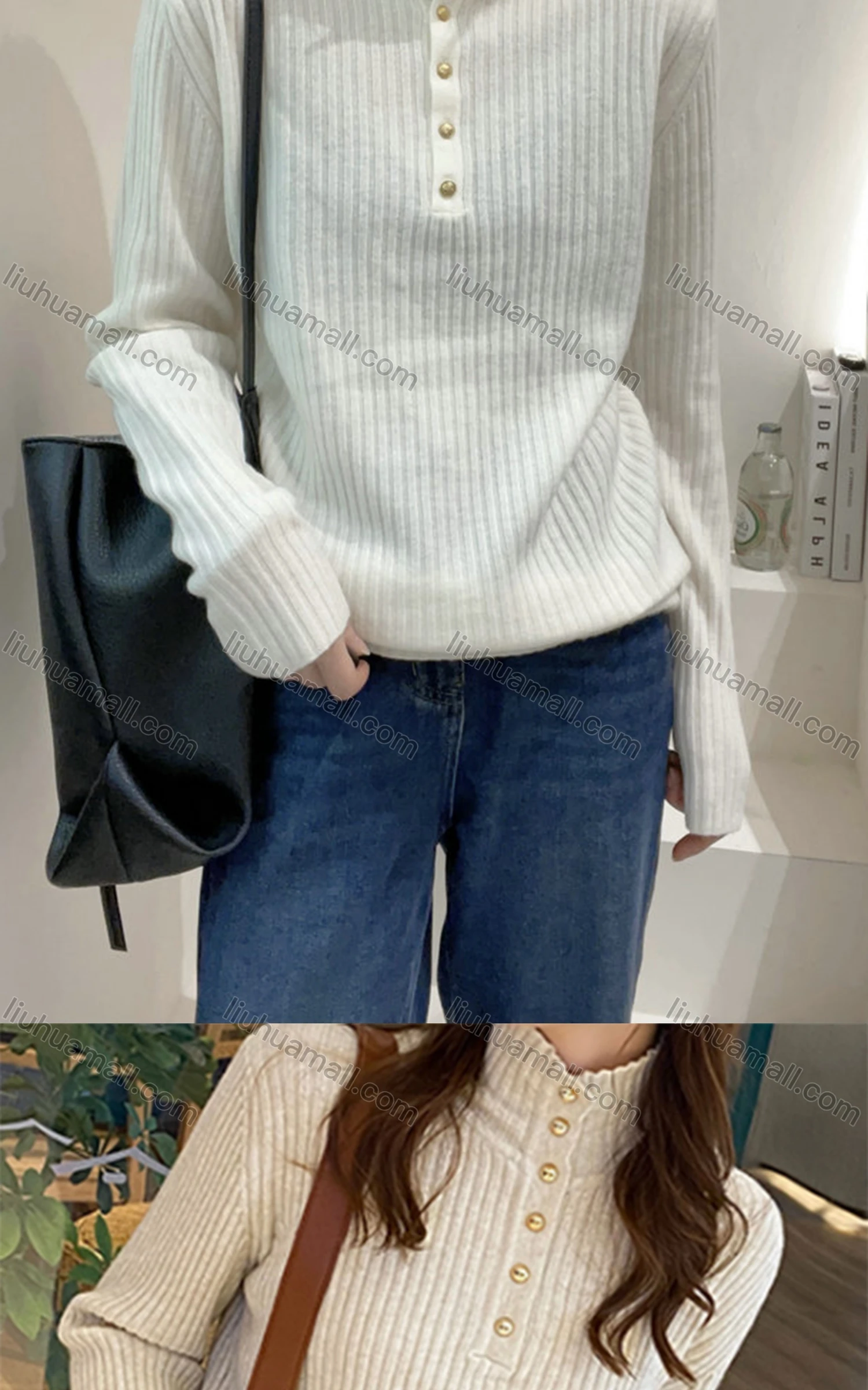 Wholesale Women's Casual High Neck Long Sleeve Button Front Knit Blouse 8150# - Liuhuamall