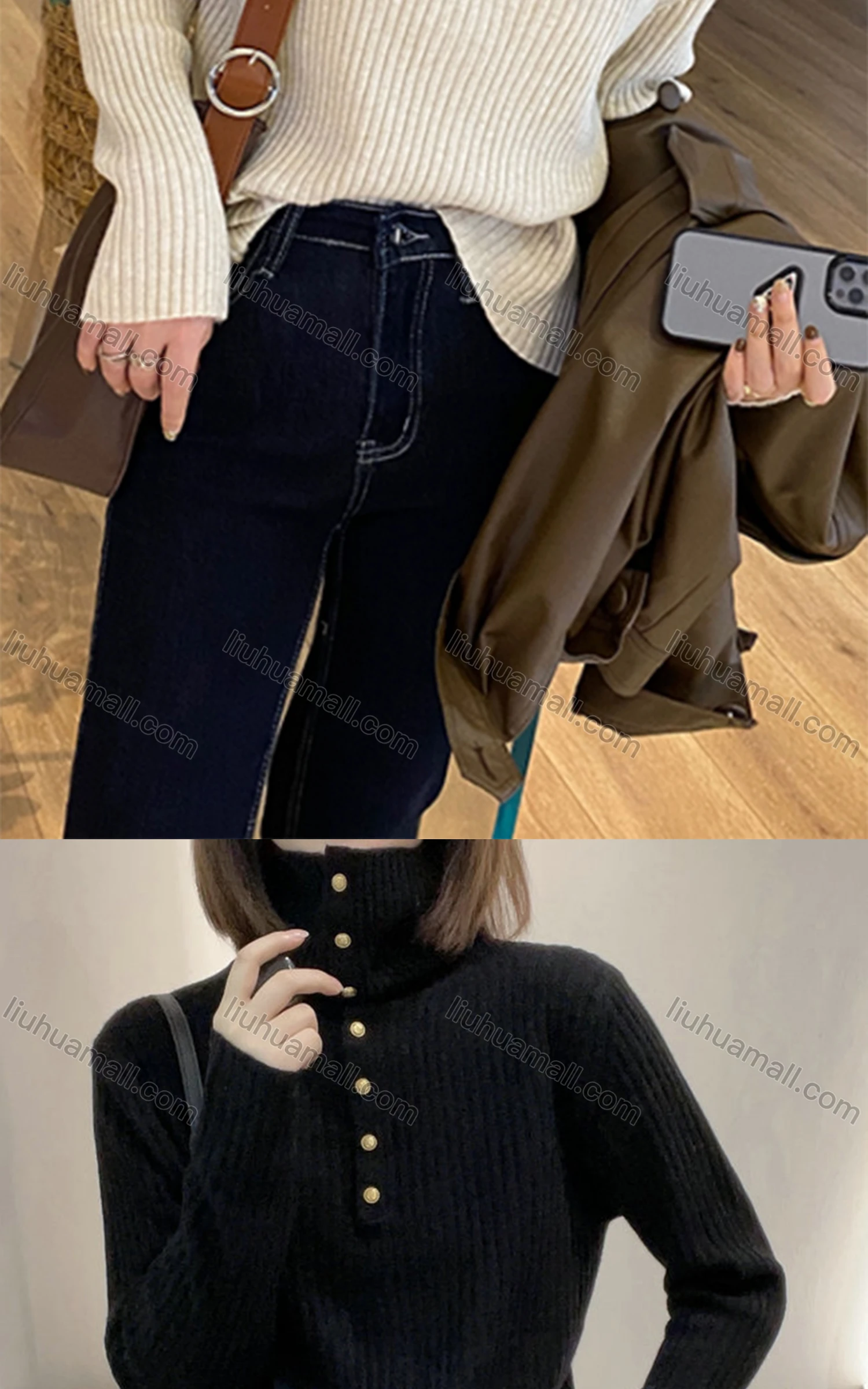 Wholesale Women's Casual High Neck Long Sleeve Button Front Knit Blouse 8150# - Liuhuamall