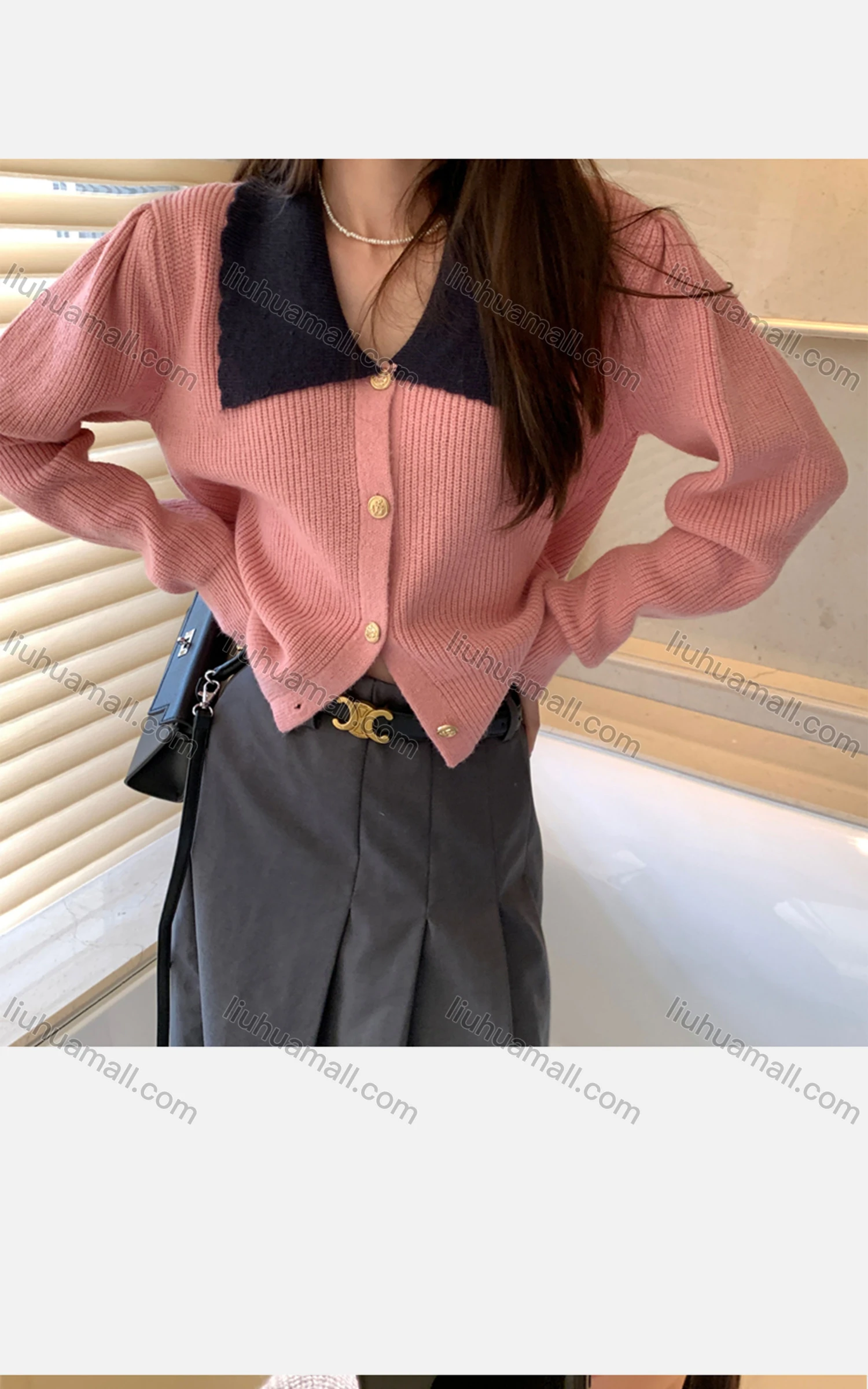 Wholesale Women's Casual Peter Pan Collar Colorblock Button Down Knit Cardigan 8154# - Liuhuamall