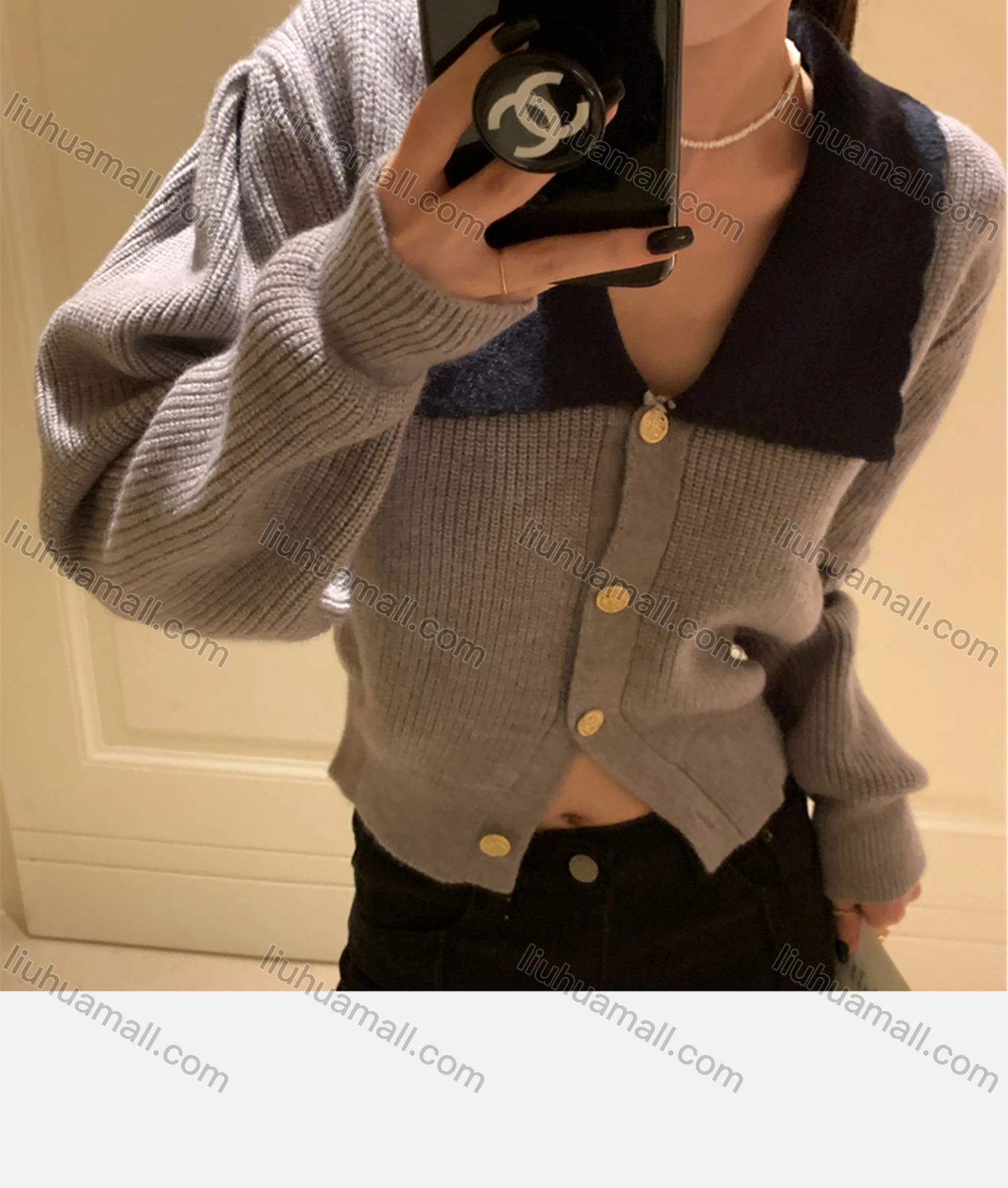 Wholesale Women's Casual Peter Pan Collar Colorblock Button Down Knit Cardigan 8154# - Liuhuamall
