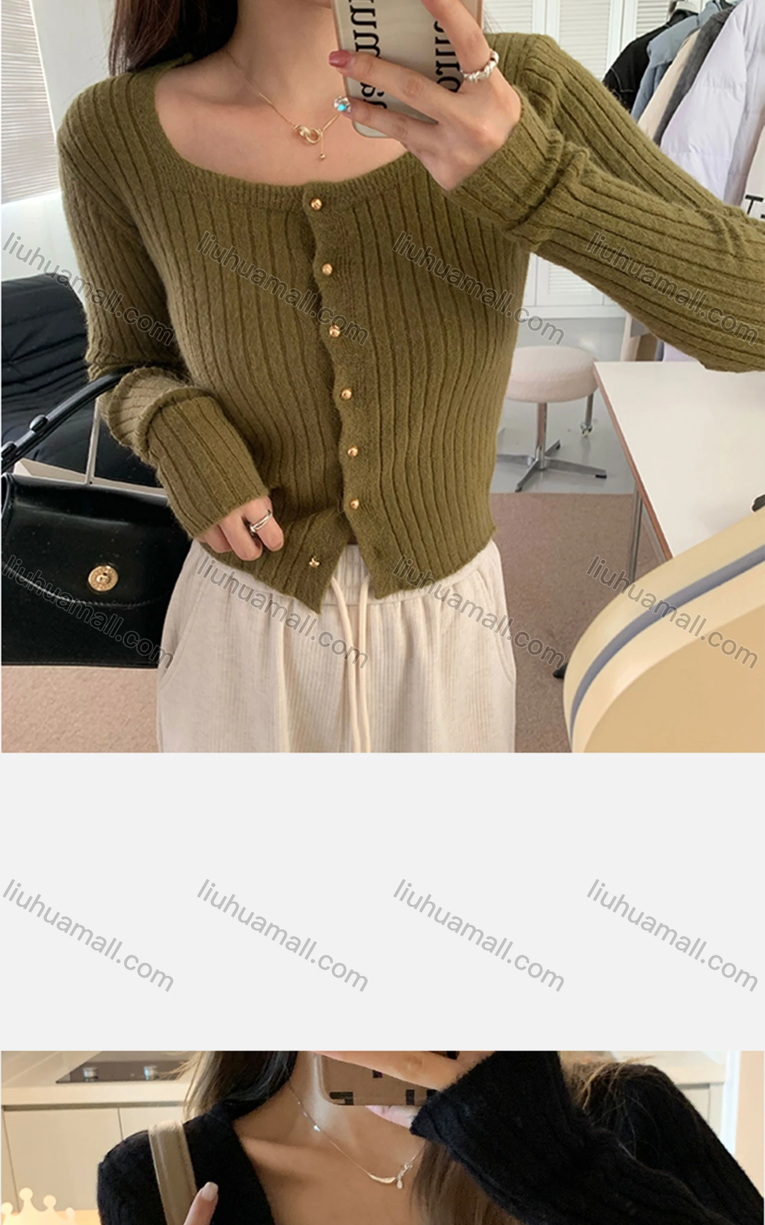Wholesale Women's Casual Square Neck Plain Button Down Knit Cardigan 8157# - Liuhuamall