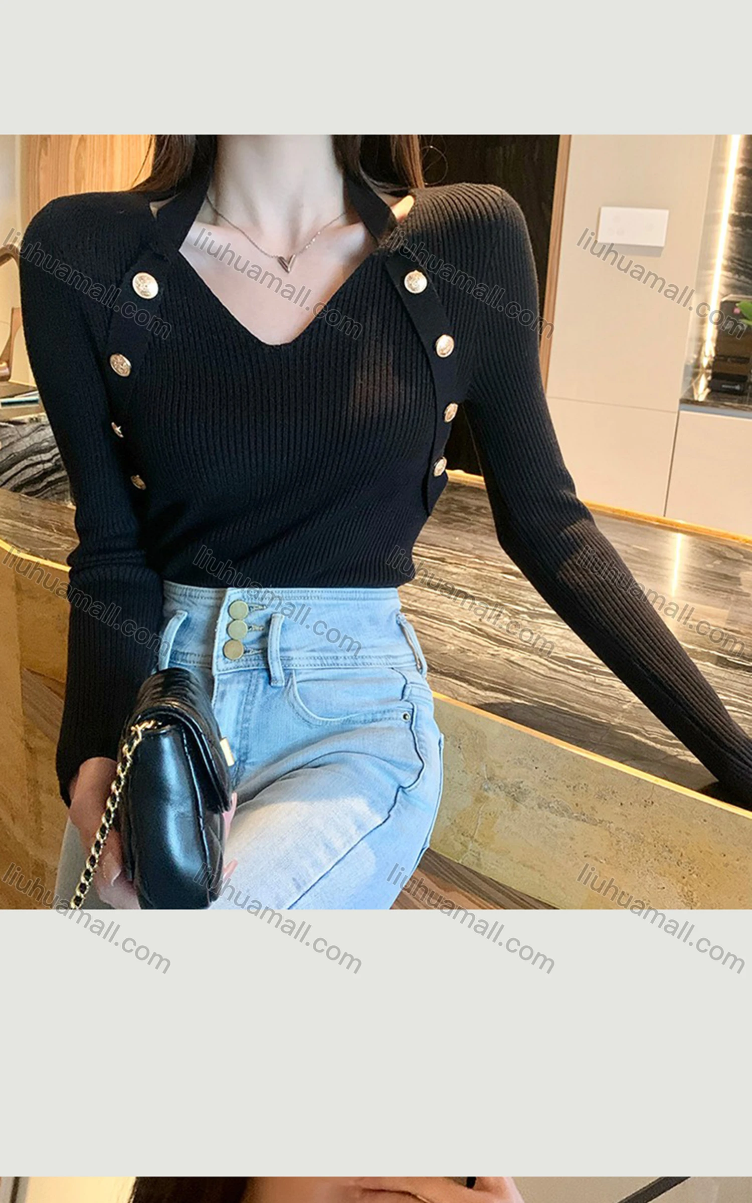 Wholesale Women's Casual V Neck Plain Button Decor Knit Halter Blouse 9953# - Liuhuamall