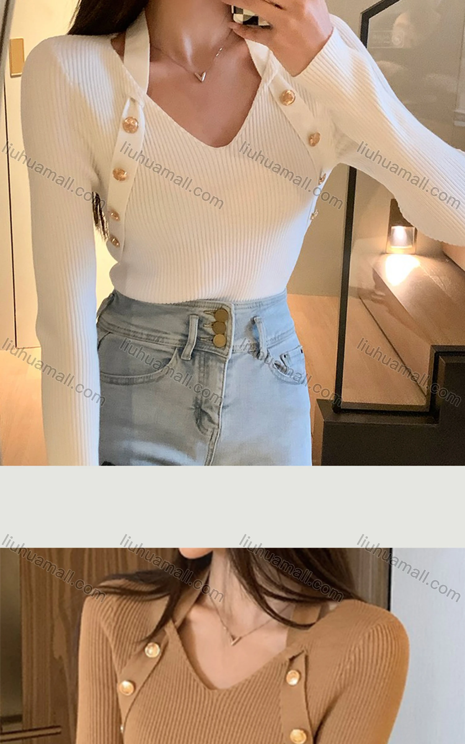 Wholesale Women's Casual V Neck Plain Button Decor Knit Halter Blouse 9953# - Liuhuamall