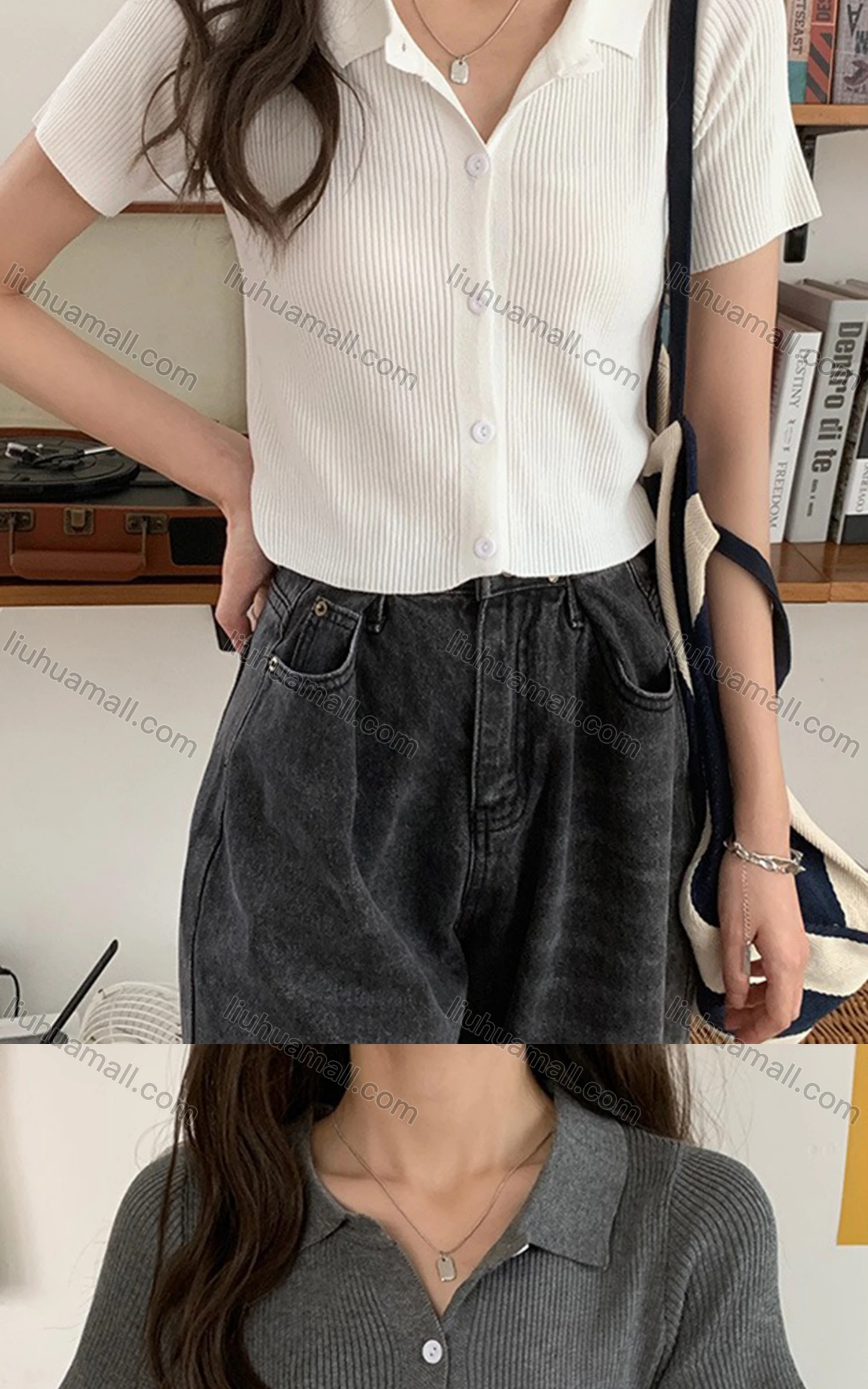 Wholesale Women's Casual Collared Plain Button Down Knit Cardigan 47048# - Liuhuamall