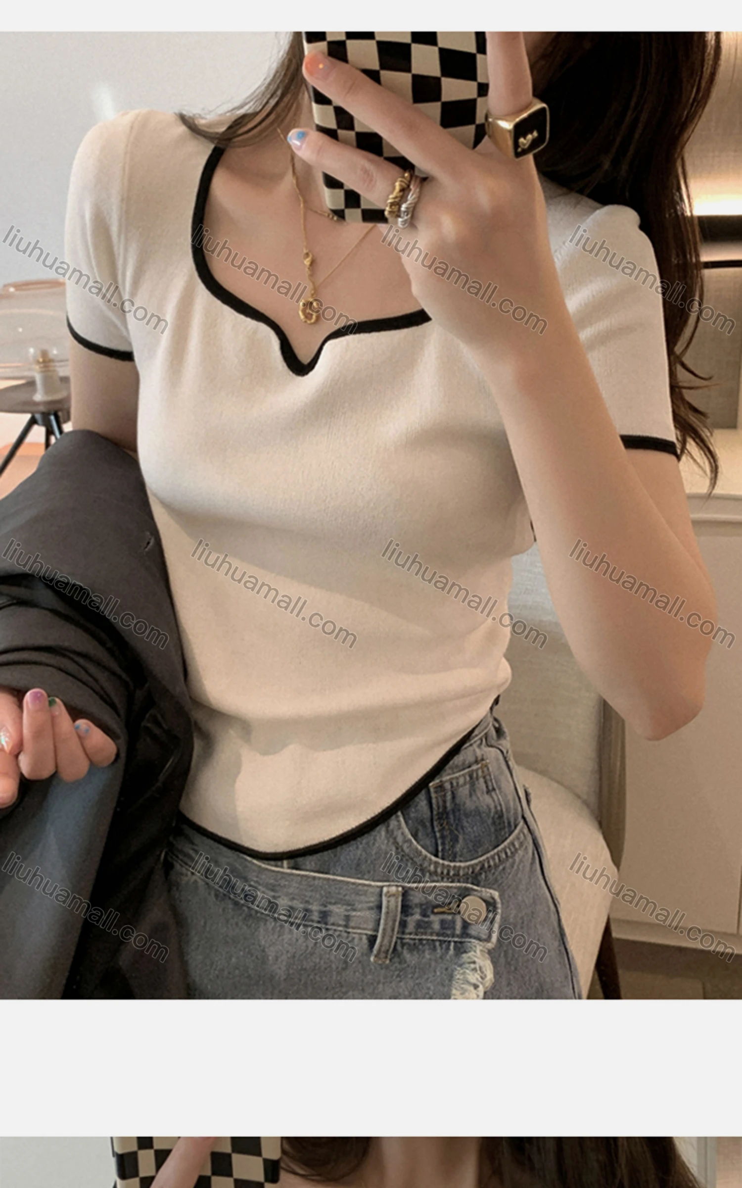 Wholesale Women's Casual Sweetheart Neck Short Sleeve Contrast Blouse L1016# - Liuhuamall