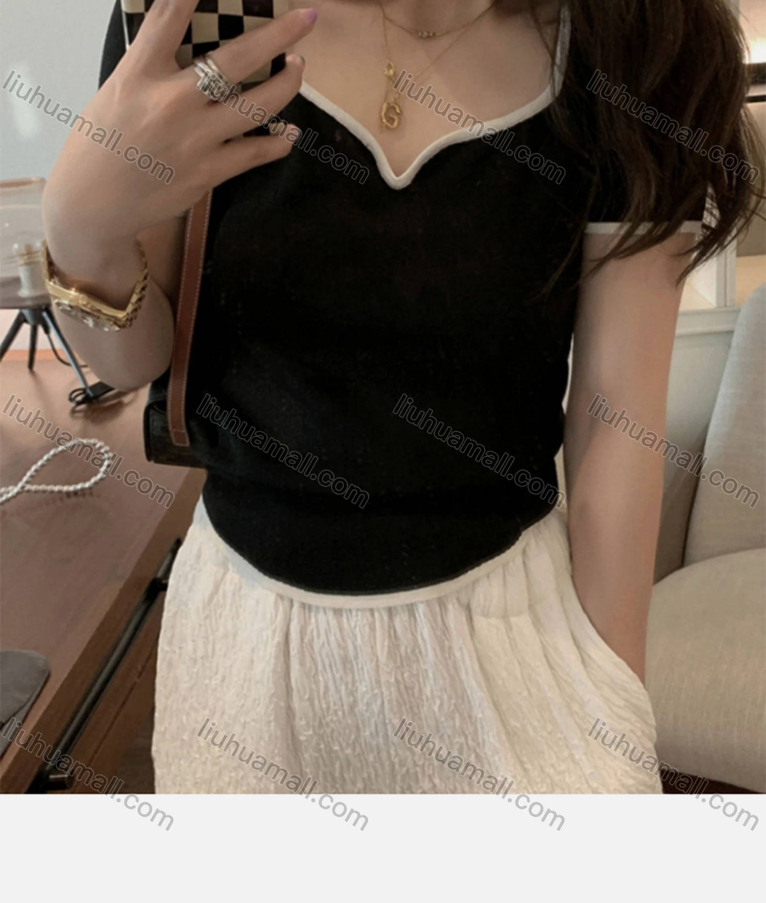 Wholesale Women's Casual Sweetheart Neck Short Sleeve Contrast Blouse L1016# - Liuhuamall