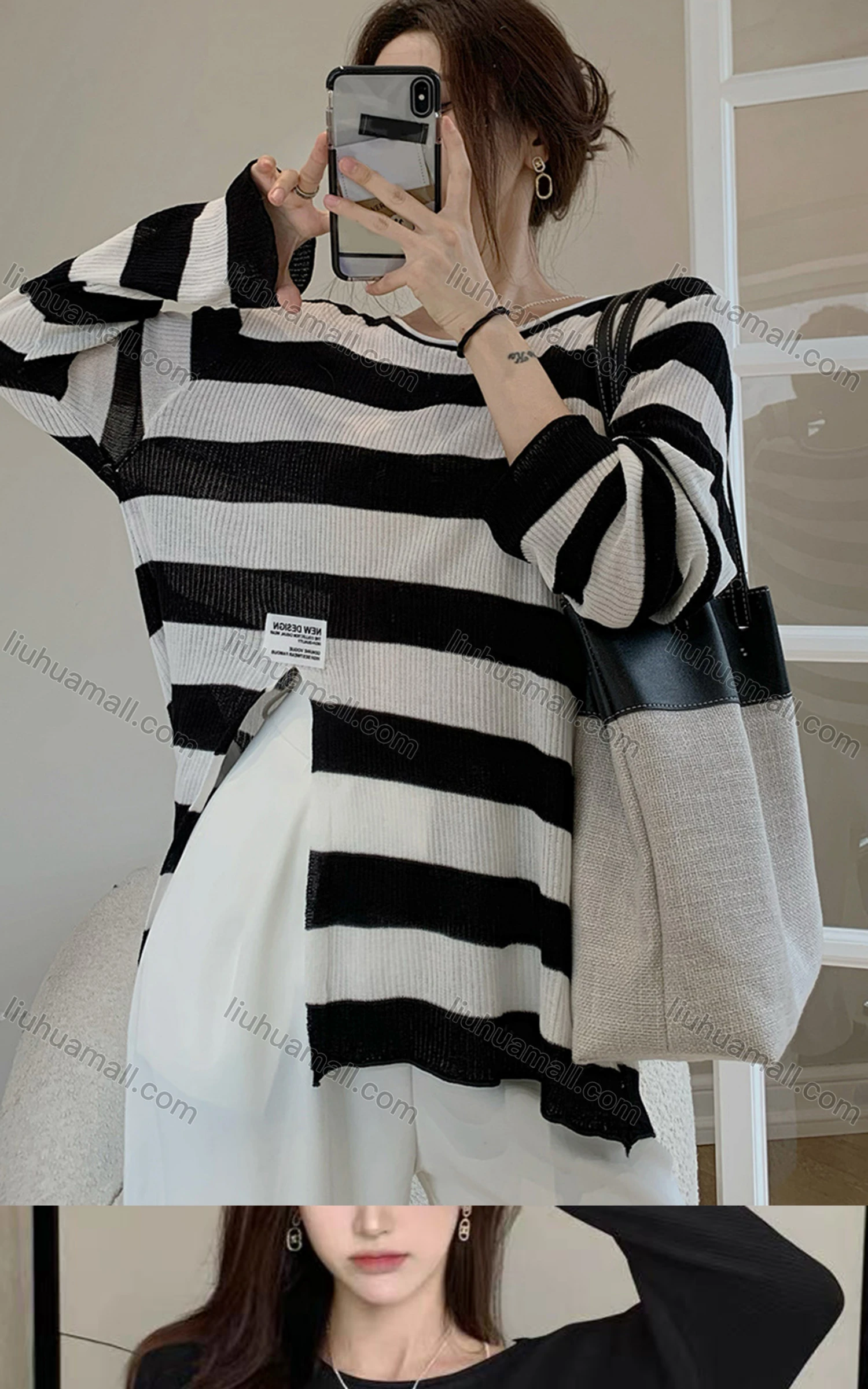 Wholesale Women's Casual Crew Neck Long Sleeve Split Side Striped Blouse M901# - Liuhuamall