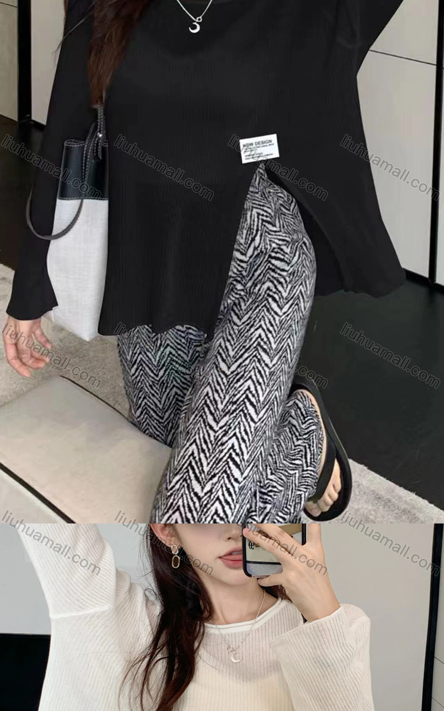 Wholesale Women's Casual Crew Neck Long Sleeve Split Side Striped Blouse M901# - Liuhuamall