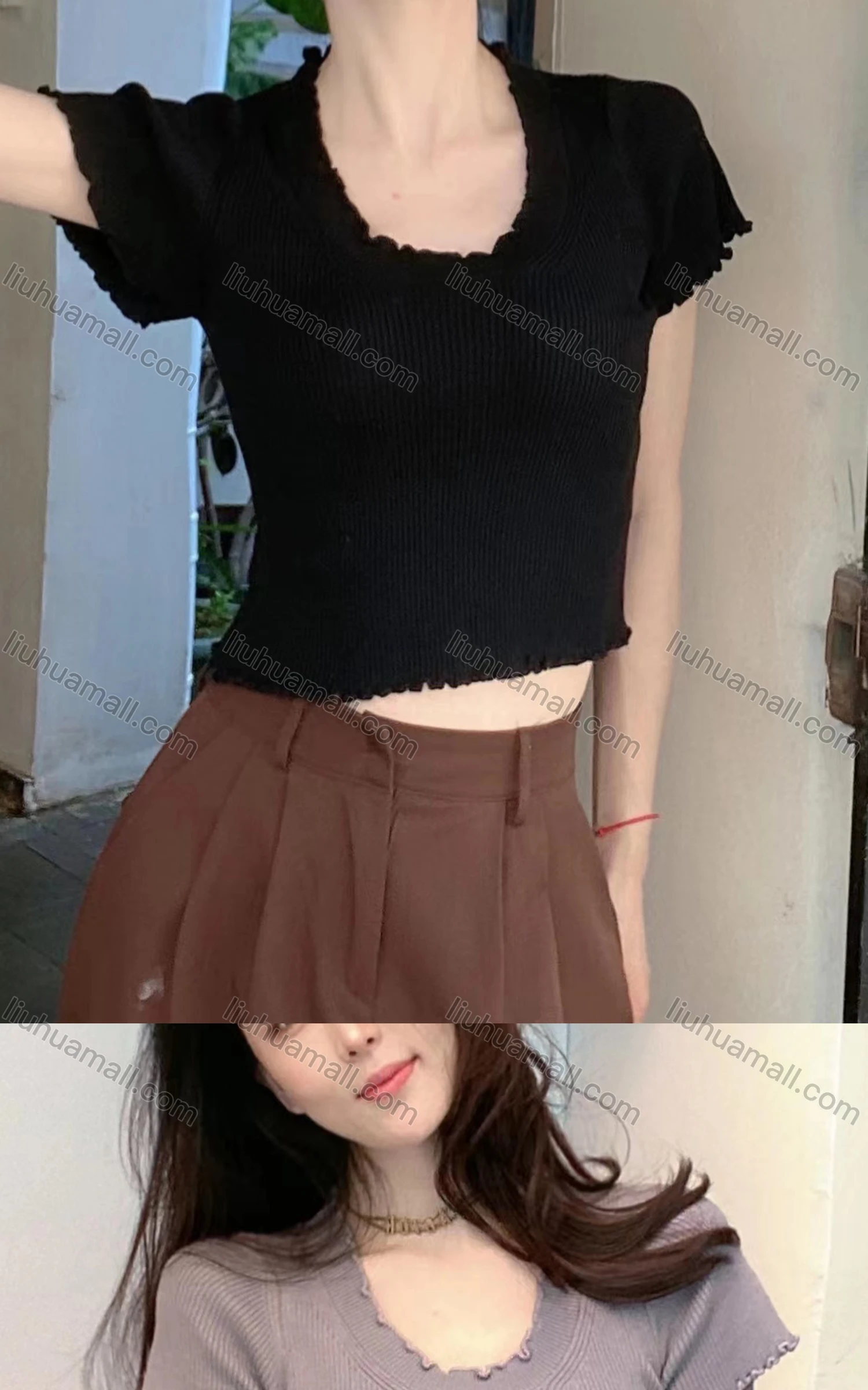 Wholesale Women's Casual Crew Neck Short Sleeve Plain Crop Blouse M912# - Liuhuamall