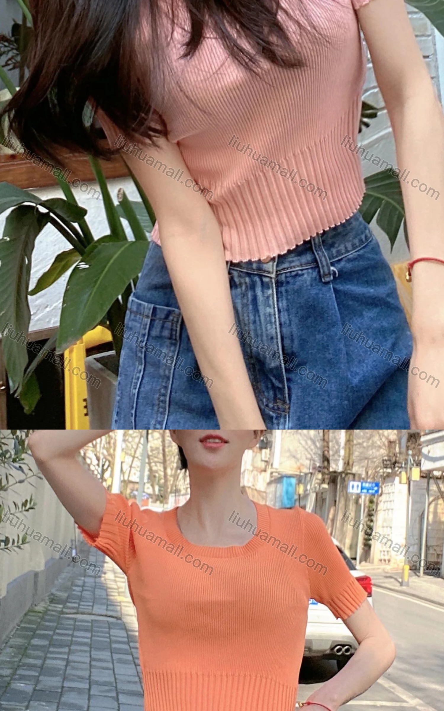 Wholesale Women's Casual Crew Neck Short Sleeve Plain Knit Crop Top M913# - Liuhuamall