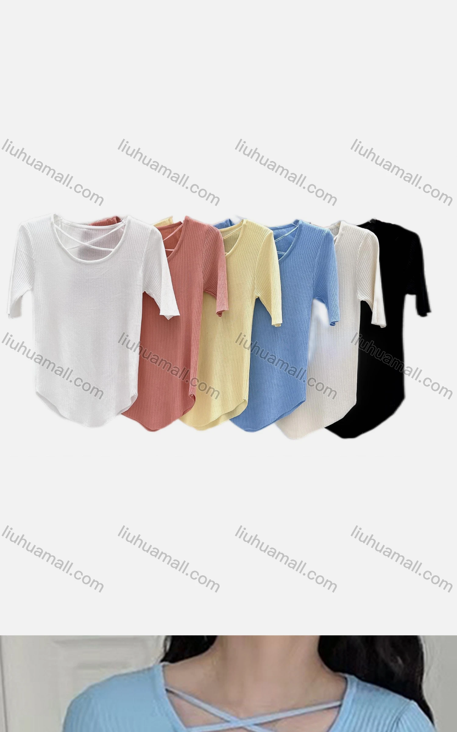 Wholesale Women's Casual Crew Neck Short Sleeve Criss Cross Knit Top M917# - Liuhuamall