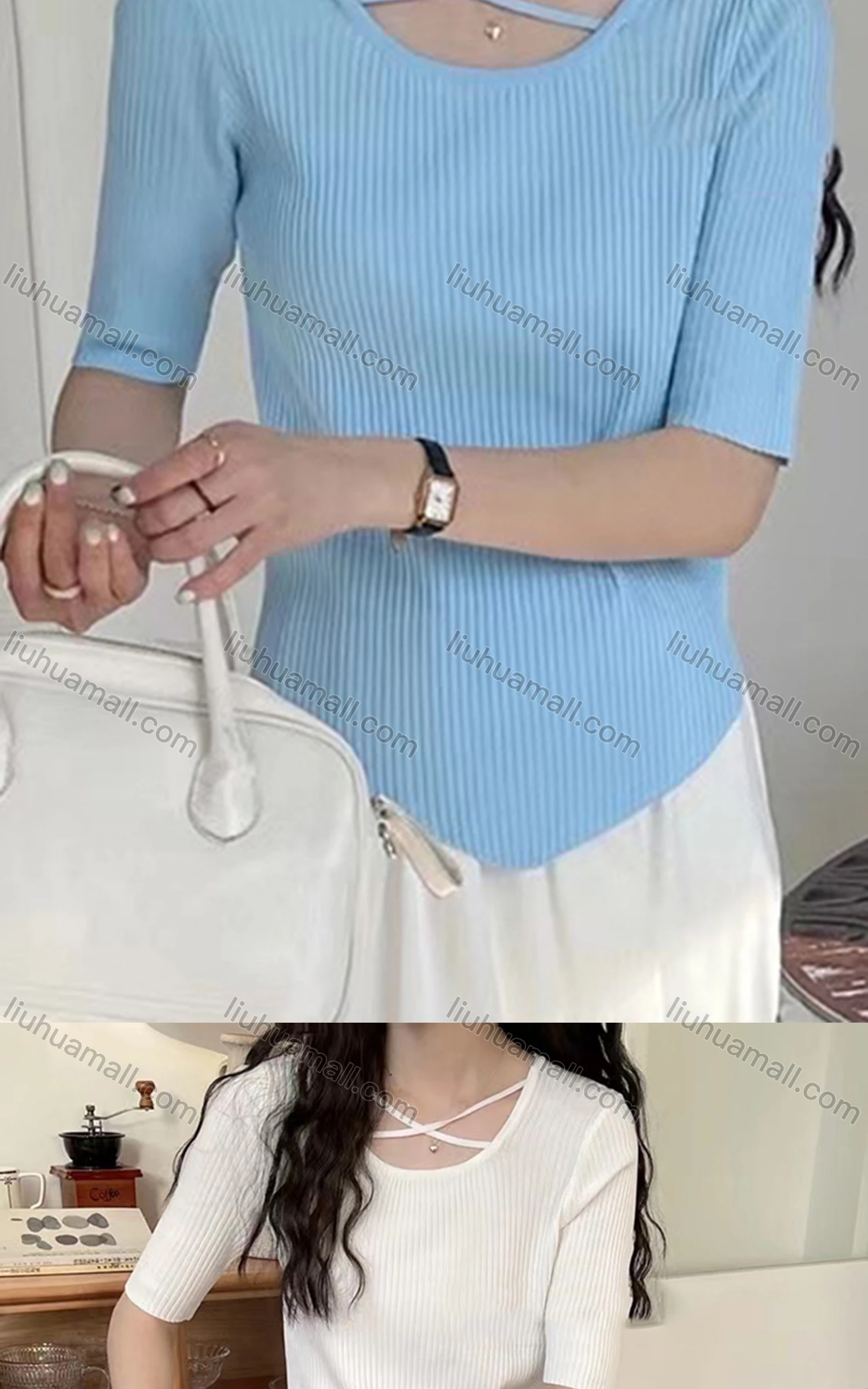 Wholesale Women's Casual Crew Neck Short Sleeve Criss Cross Knit Top M917# - Liuhuamall