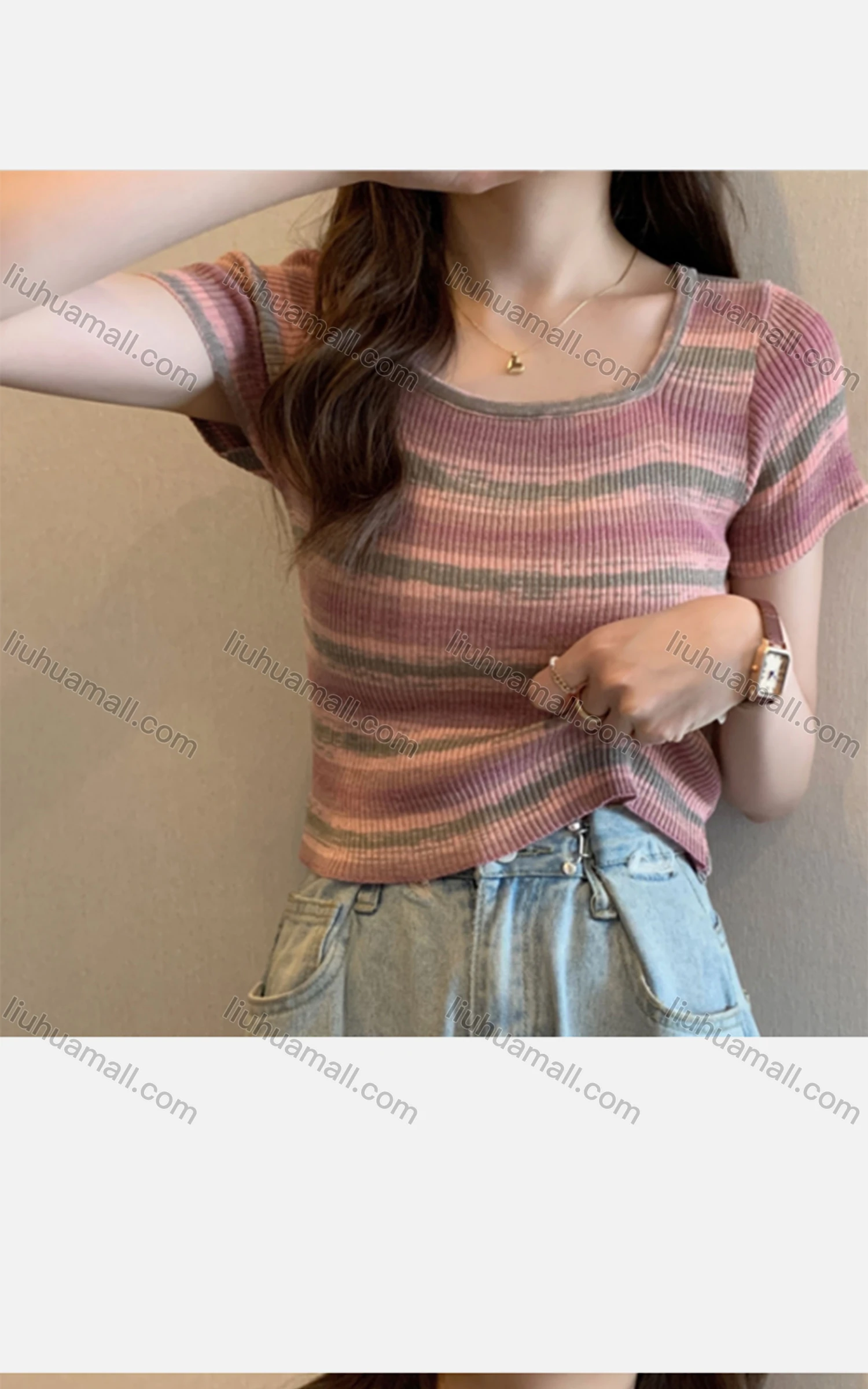 Wholesale Women's Casual Crew Neck Short Sleeve Crop Knit Top M919# - Liuhuamall