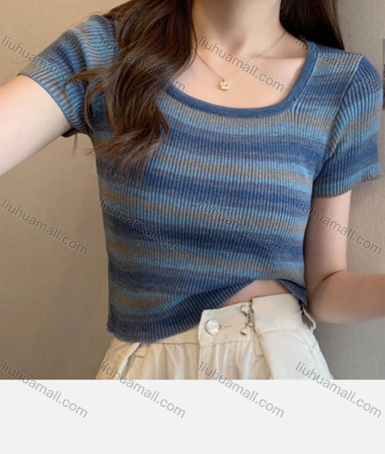 Wholesale Women's Casual Crew Neck Short Sleeve Crop Knit Top M919# - Liuhuamall