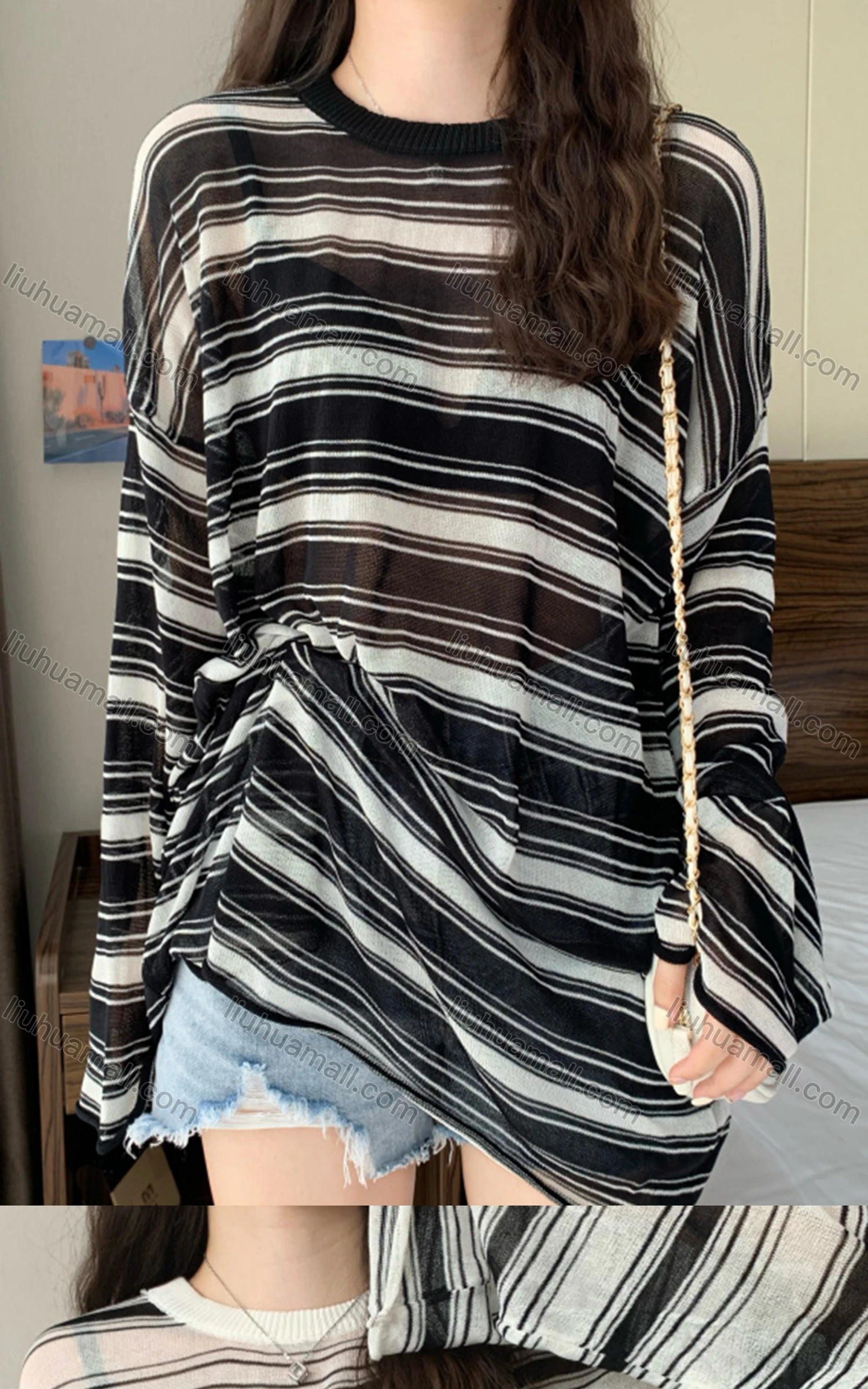 Wholesale Women's Casual Crew Neck Long Sleeve Striped T-shirt M923# - Liuhuamall