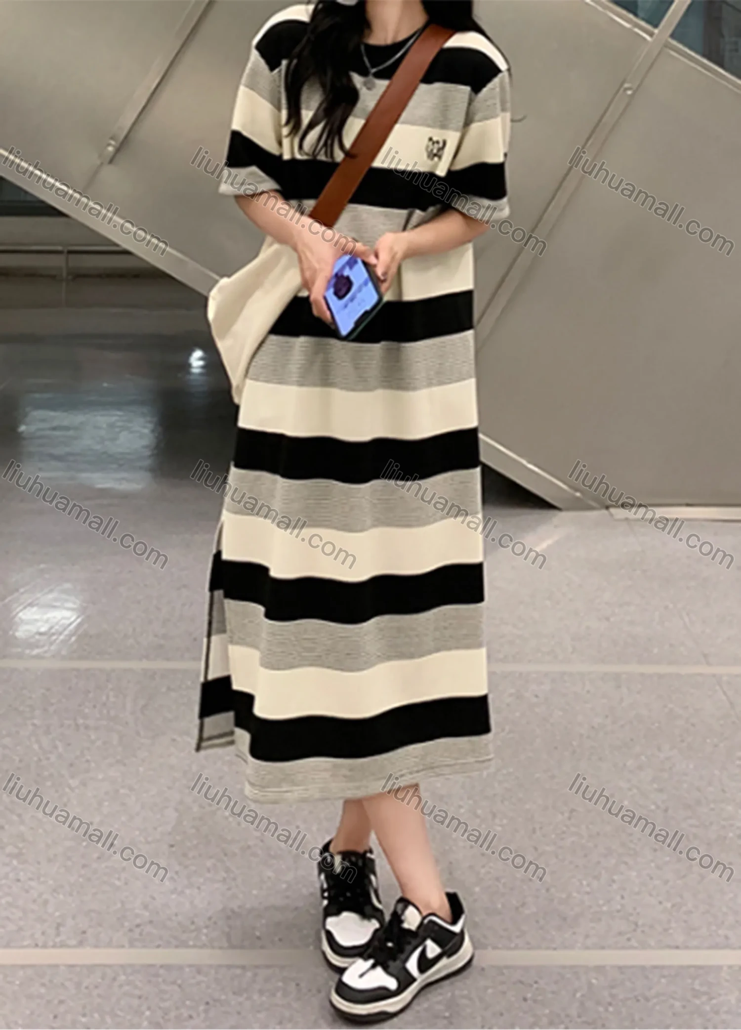Wholesale Women's Casual Crew Neck Short Sleeve Striped Split Side Tee Dress M925# - Liuhuamall
