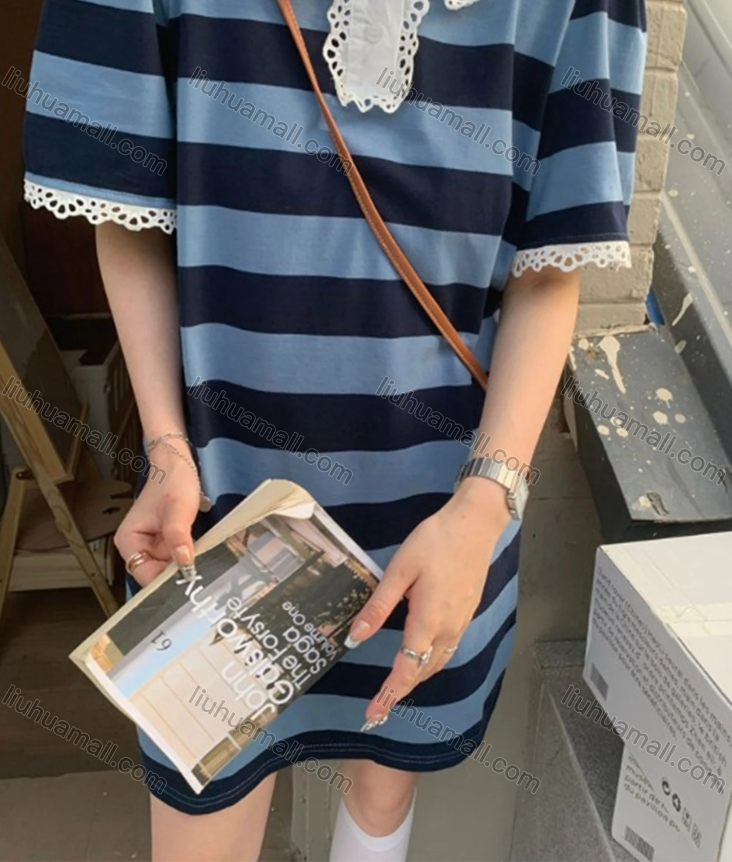 Wholesale Women's Casual Collared Button Front Lace Trim Polo Shirt Dress M930# - Liuhuamall