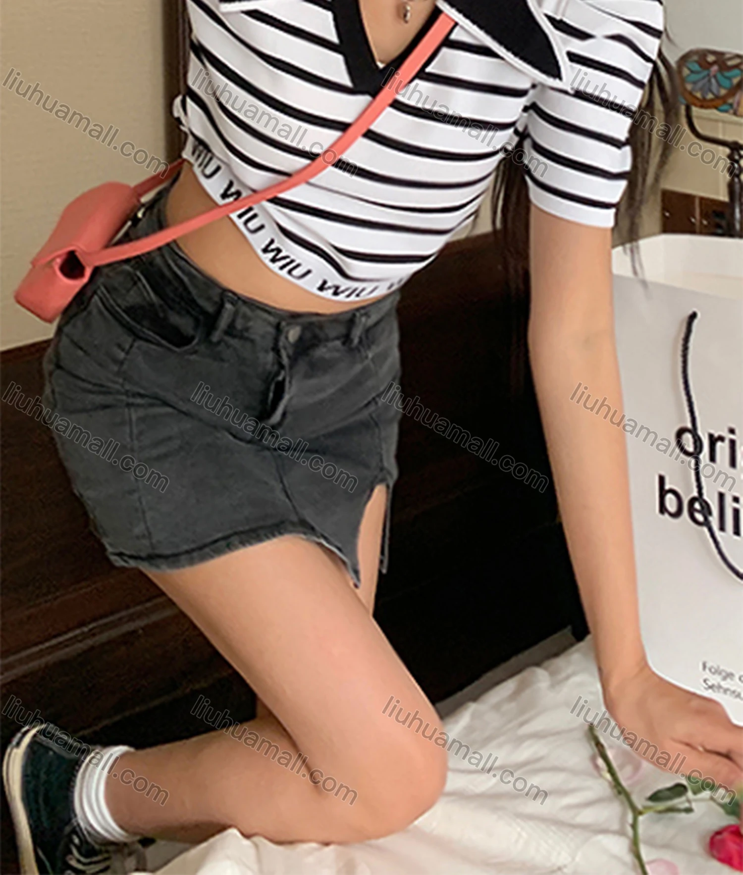 Wholesale Women's Casual Striped Turn Down Collar Short Sleeve Crop Blouse M936# - Liuhuamall