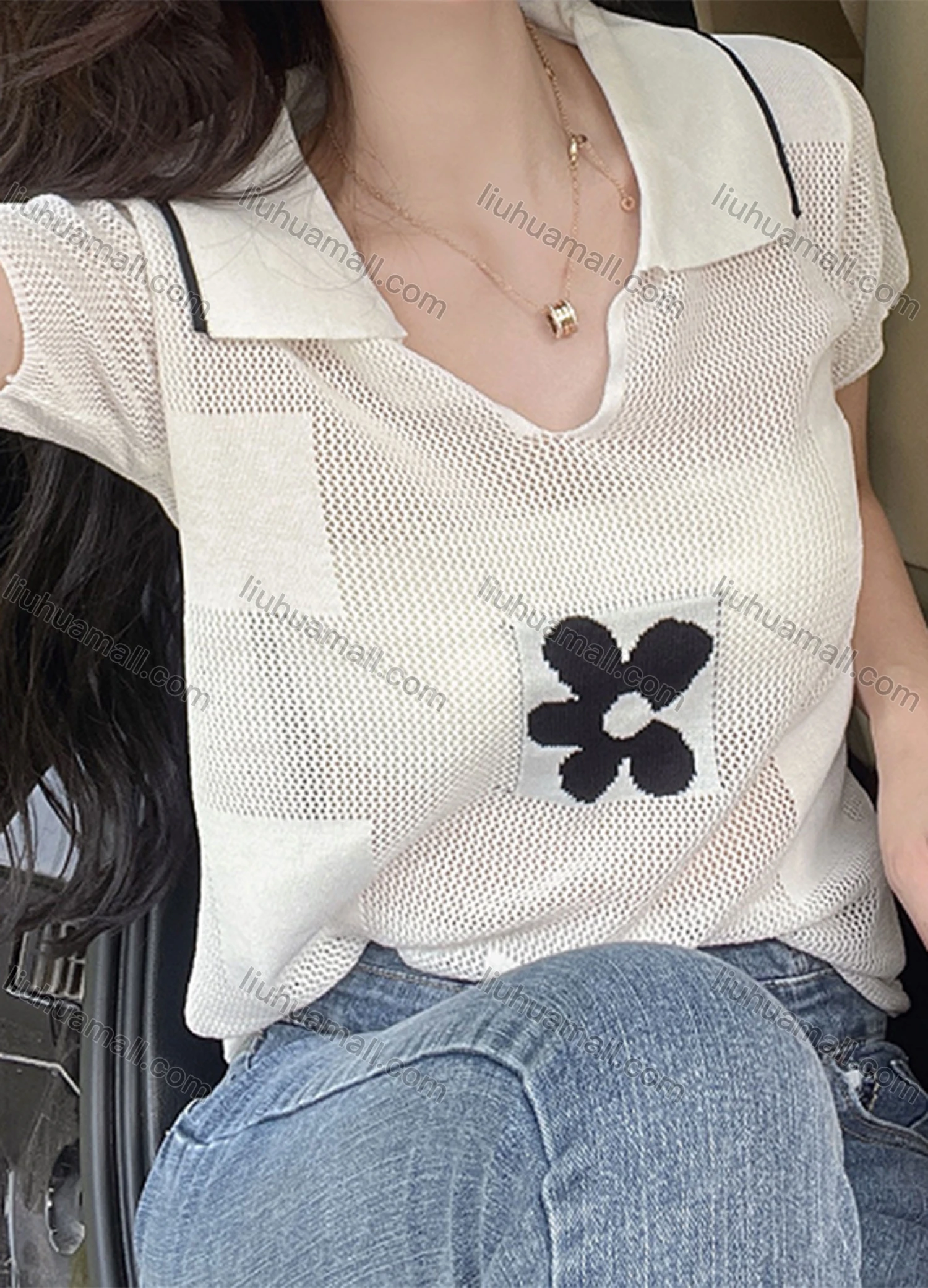 Wholesale Women's Casual Turn-down Collar Short Sleeve Plain Knit Crop Top M944# - Liuhuamall
