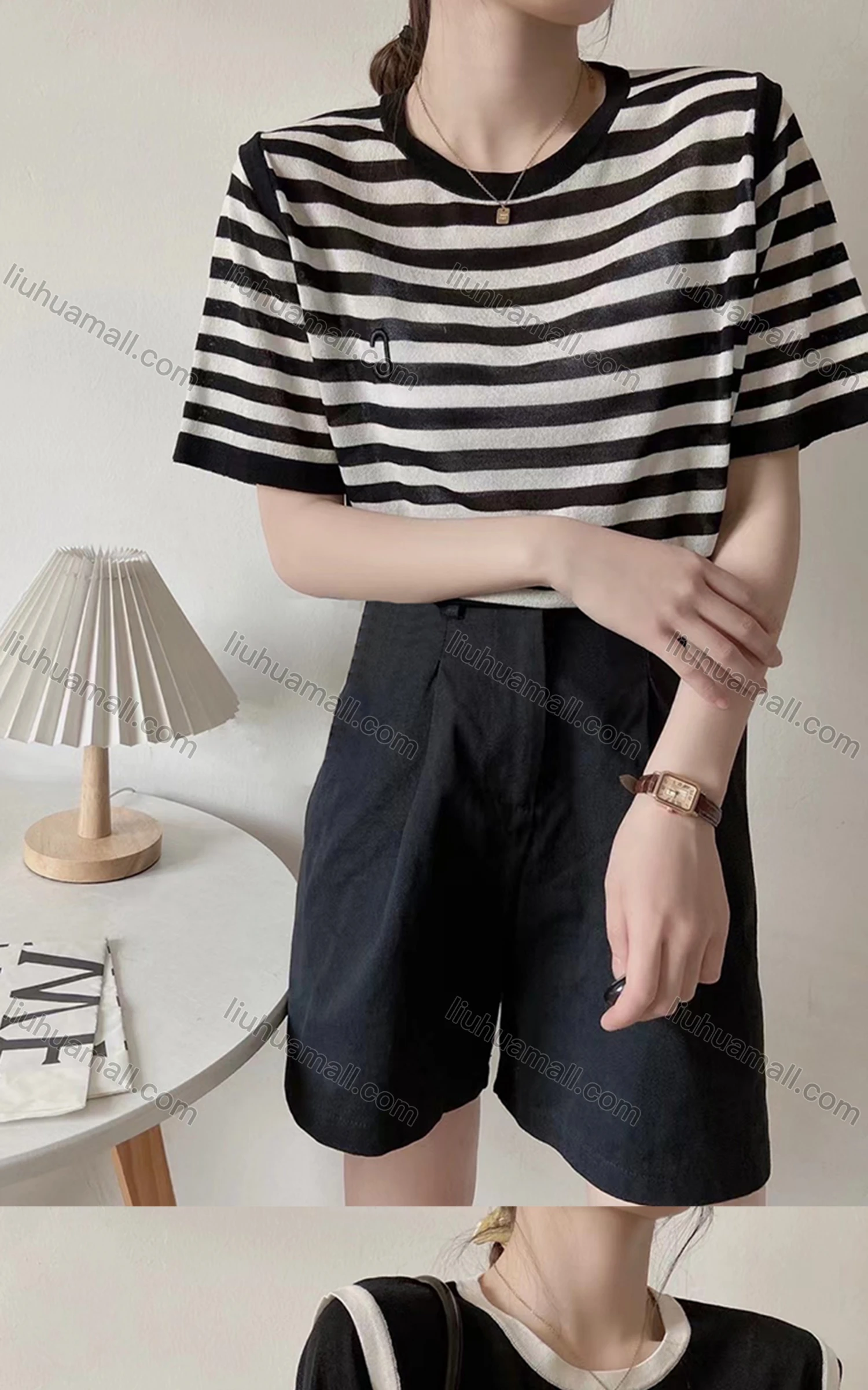 Wholesale Women's Casual Crew Neck Short Sleeve Striped T-shirt M946# - Liuhuamall