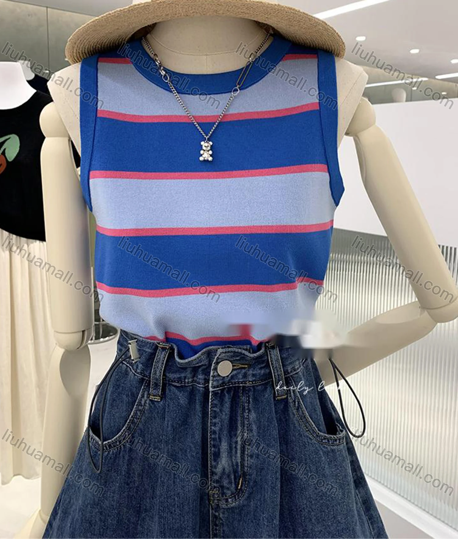 Wholesale Women's Casual Crew Neck Striped Knit Tank Top M949# - Liuhuamall