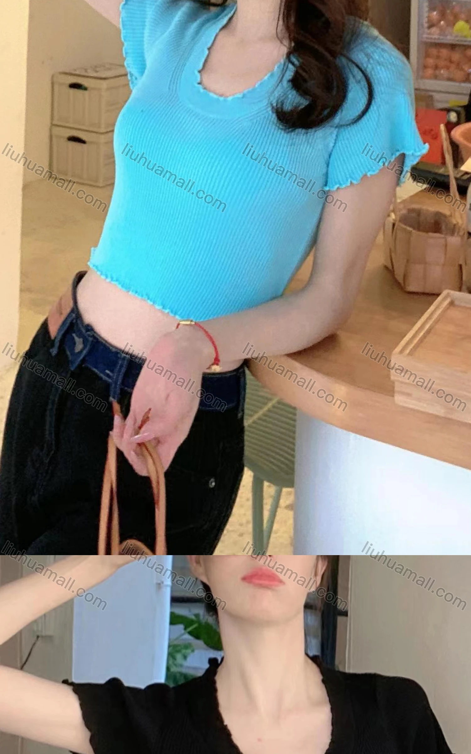 Wholesale Women's Casual Plain Crew Neck Short Sleeve Crop Knit Top 912# - Liuhuamall