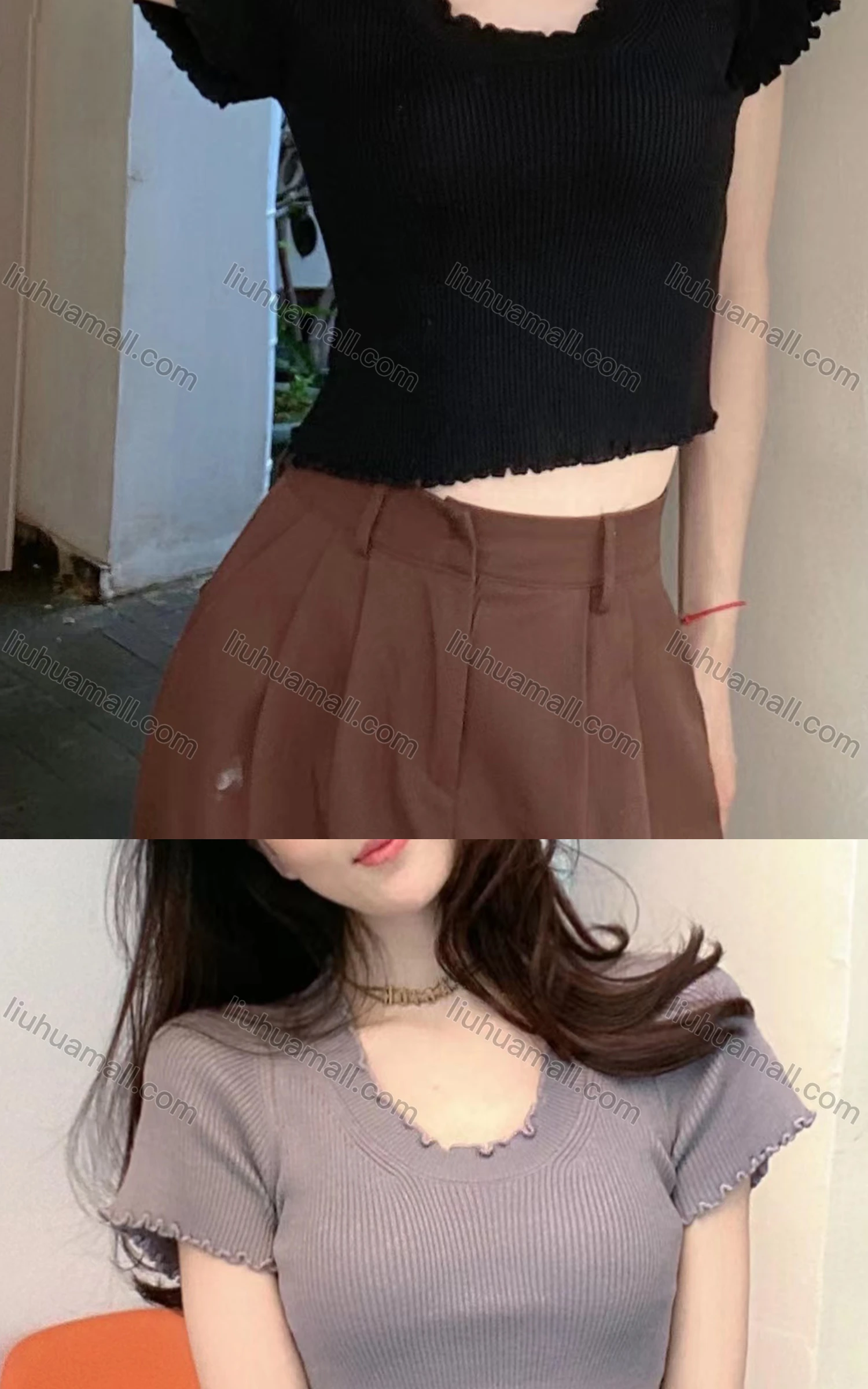 Wholesale Women's Casual Plain Crew Neck Short Sleeve Crop Knit Top 912# - Liuhuamall