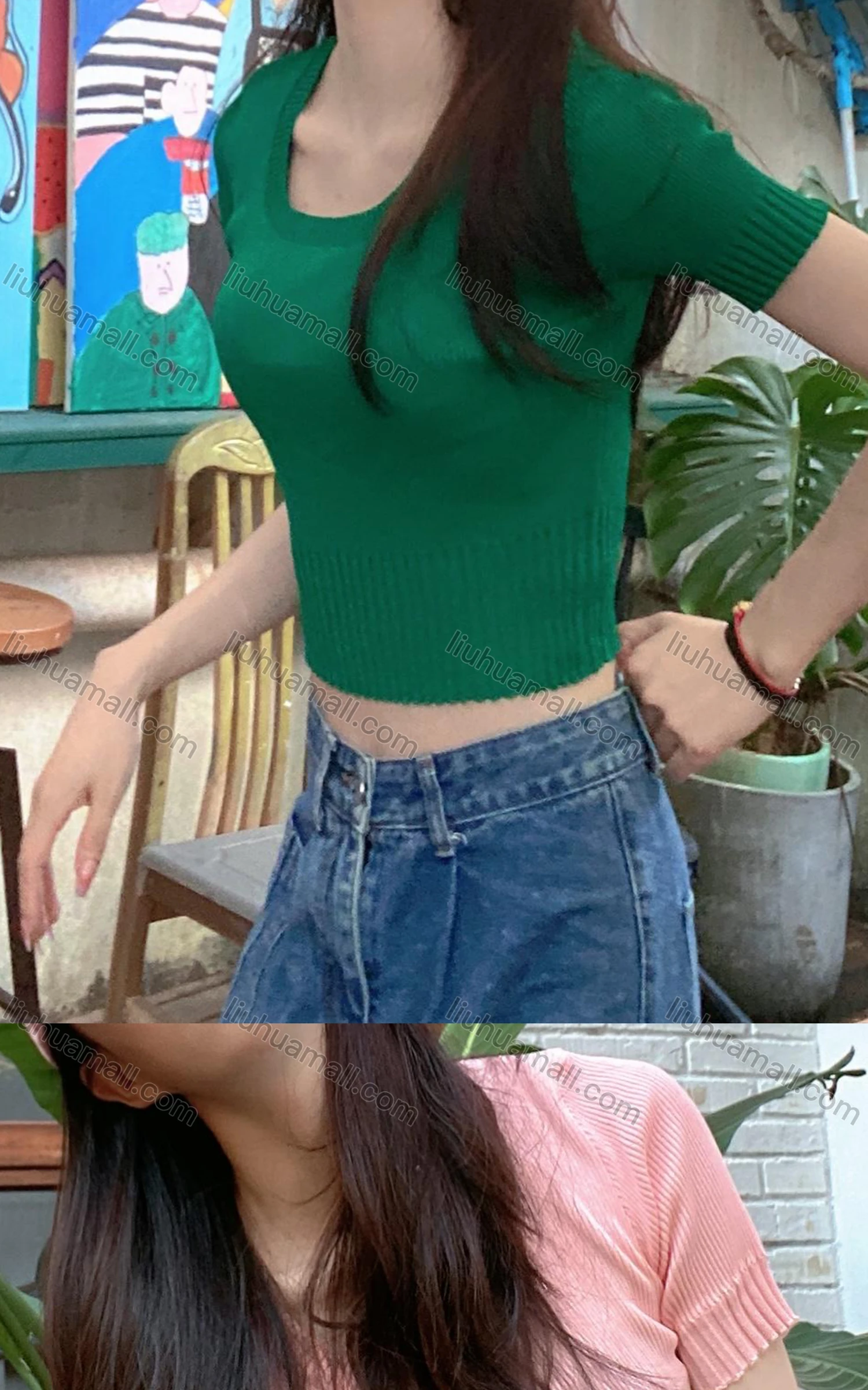 Wholesale Women's Casual Plain Scoop Neck Short Sleeve Crop Knit Top 913# - Liuhuamall