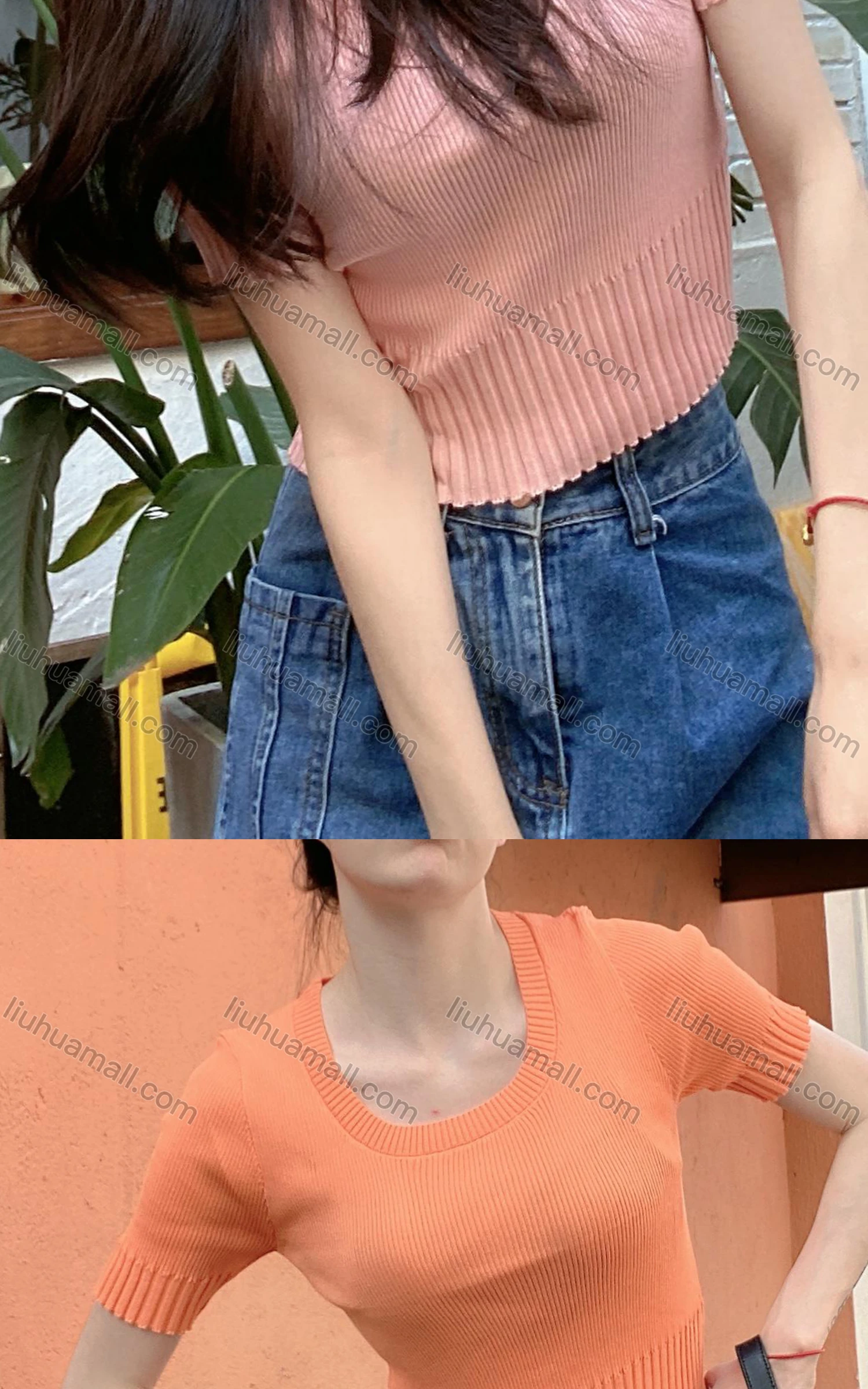Wholesale Women's Casual Plain Scoop Neck Short Sleeve Crop Knit Top 913# - Liuhuamall