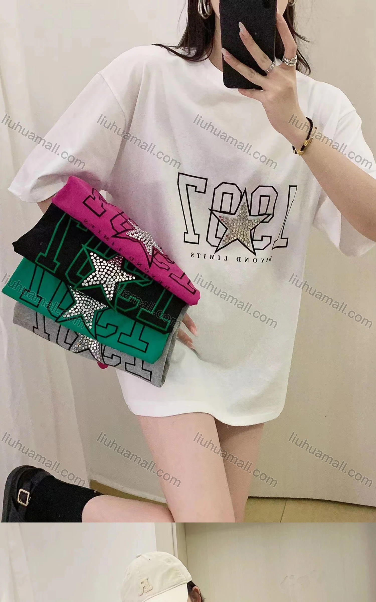 Wholesale Women's Casual Crew Neck Rhinestone Half Sleeve T-shirt Y112# - Liuhuamall