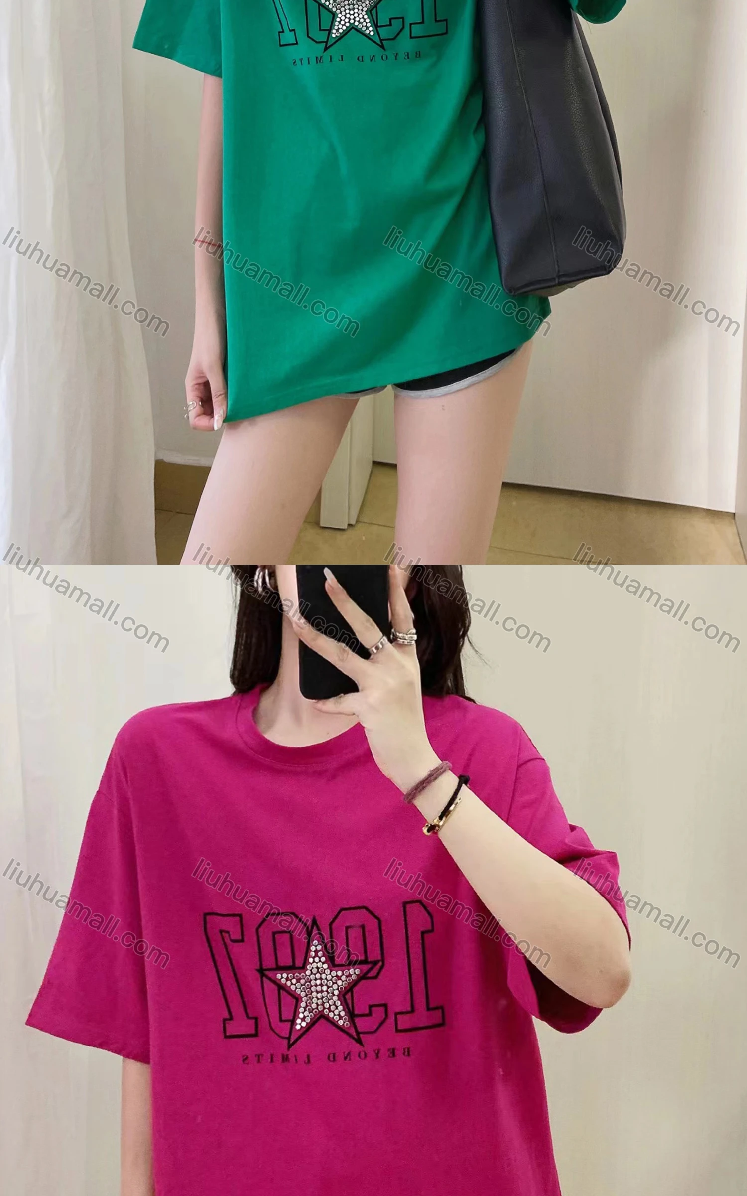 Wholesale Women's Casual Crew Neck Rhinestone Half Sleeve T-shirt Y112# - Liuhuamall