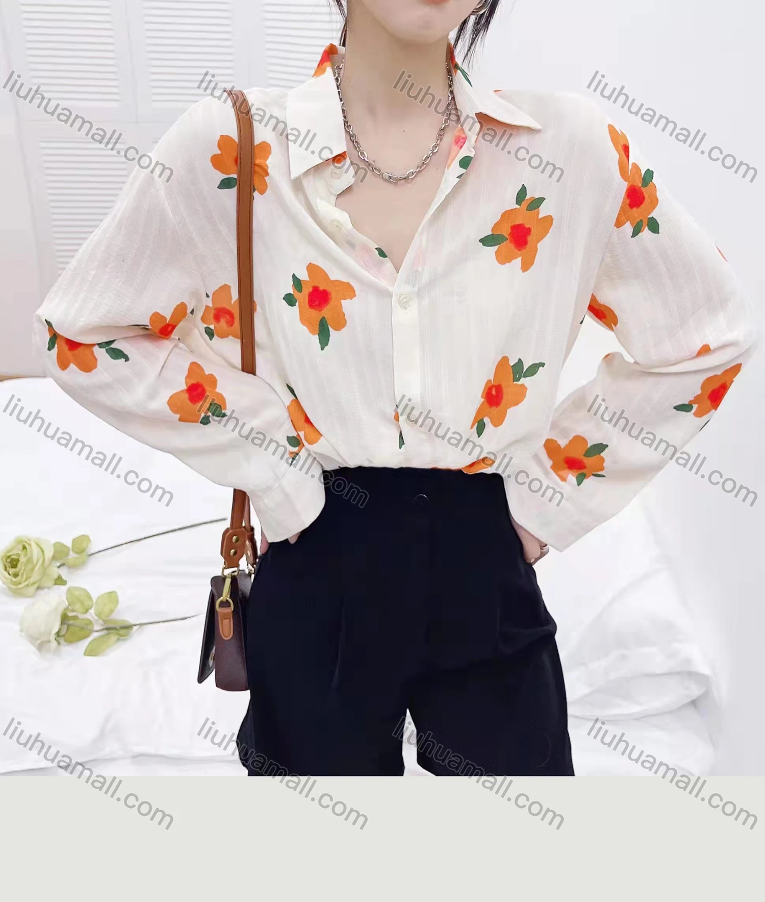 Wholesale Women's Casual Collared Long Sleeve Button Down Floral Shirt Y305# - Liuhuamall